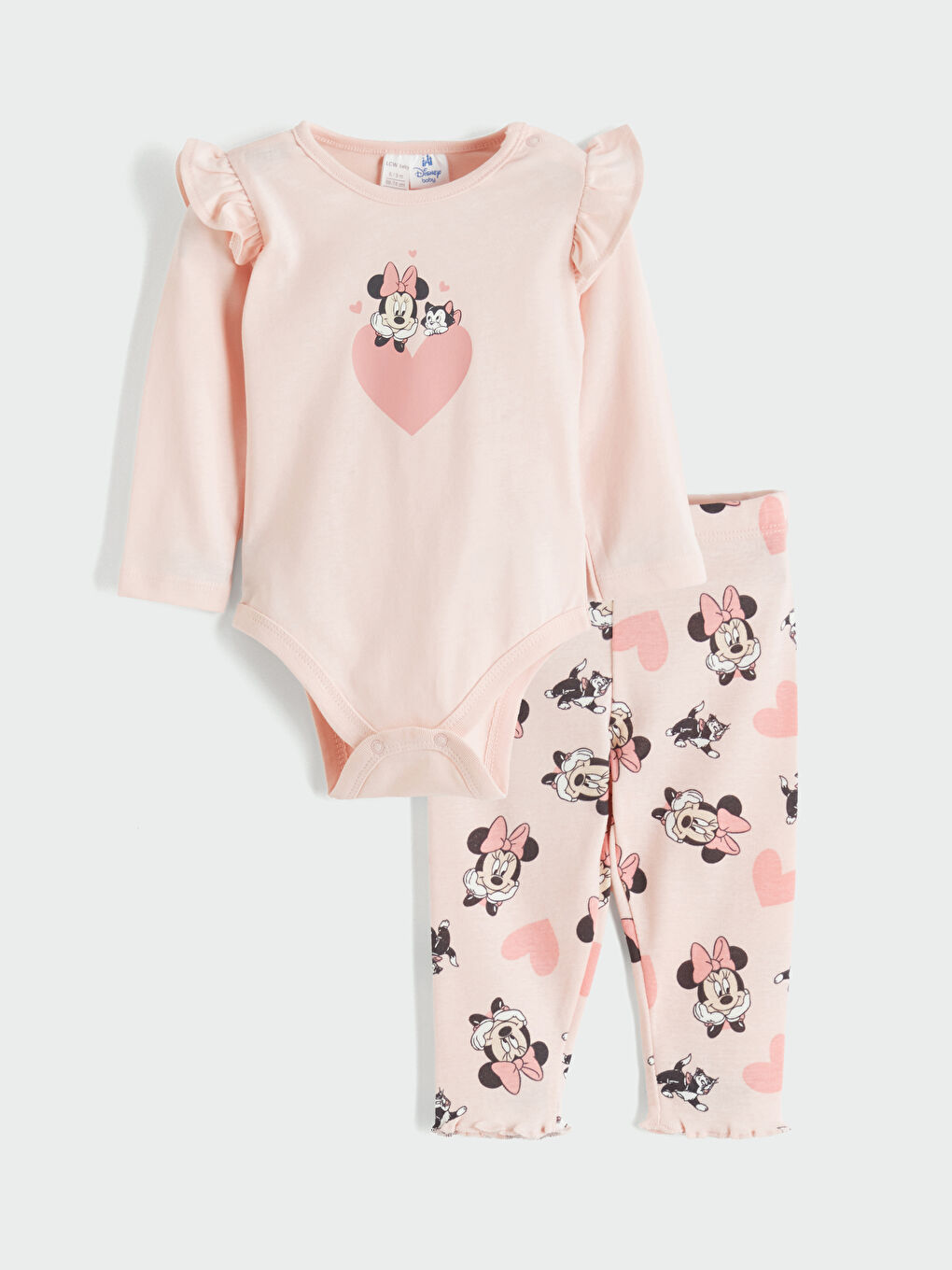 Pembe Bisiklet Yaka Minnie Mouse Baskılı Kız Bebek Çıtçıtlı Body ve Tayt