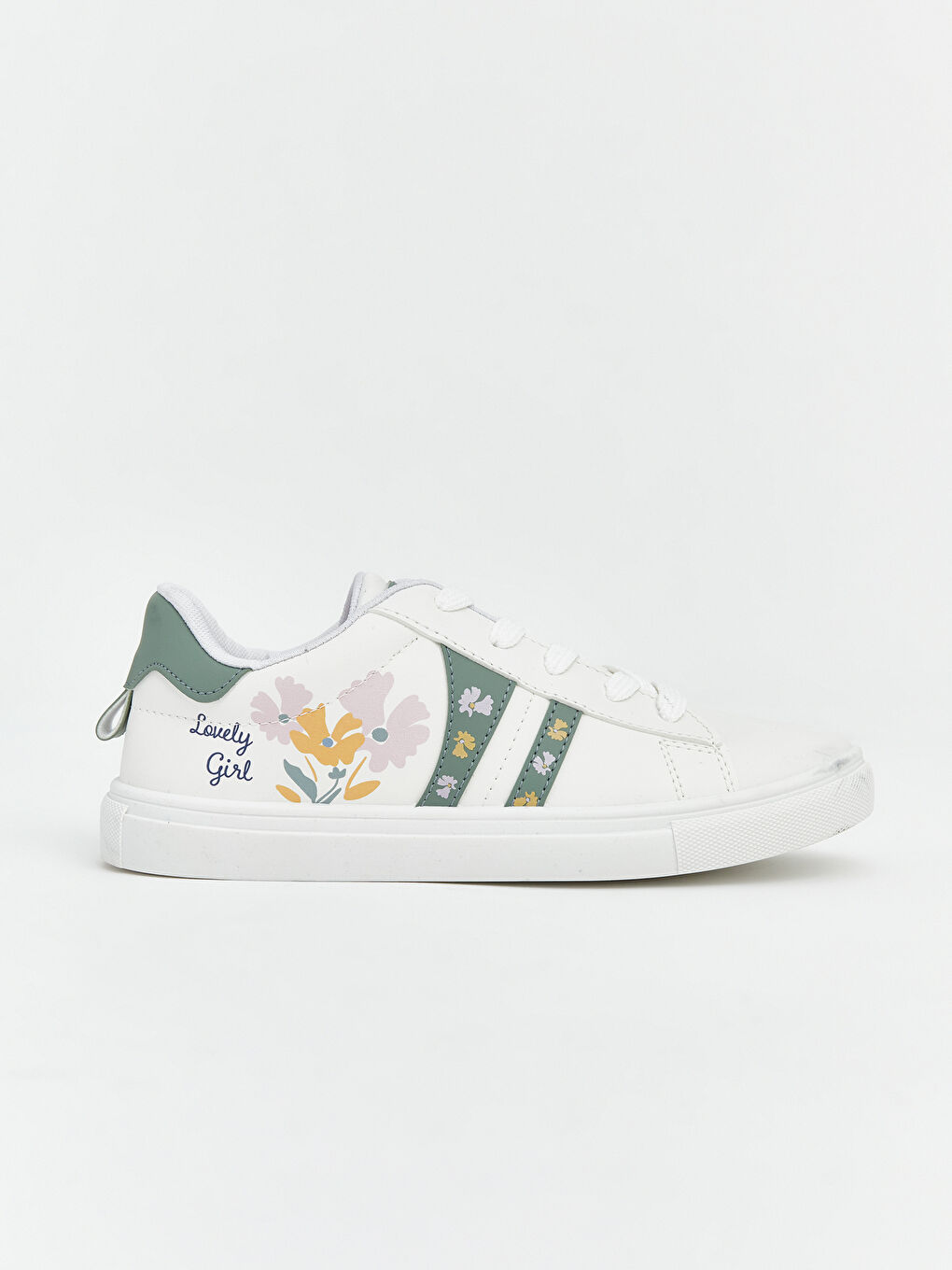 Beyaz Bağcıklı Çiçek Desenli Kız Çocuk Spor Ayakkabı-1