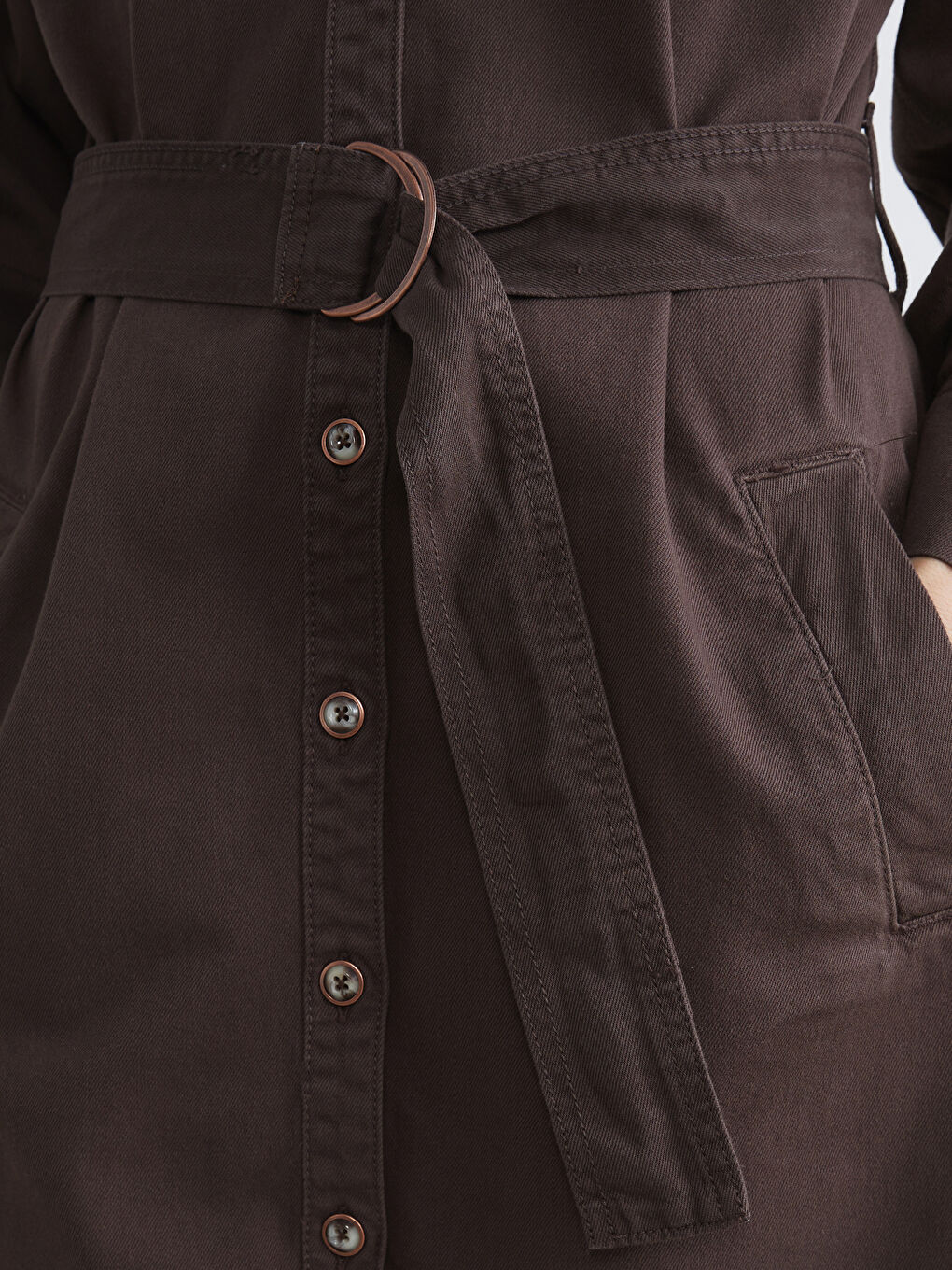 Kahverengi Gömlek Yaka Beli Kemerli Jean Elbise-2