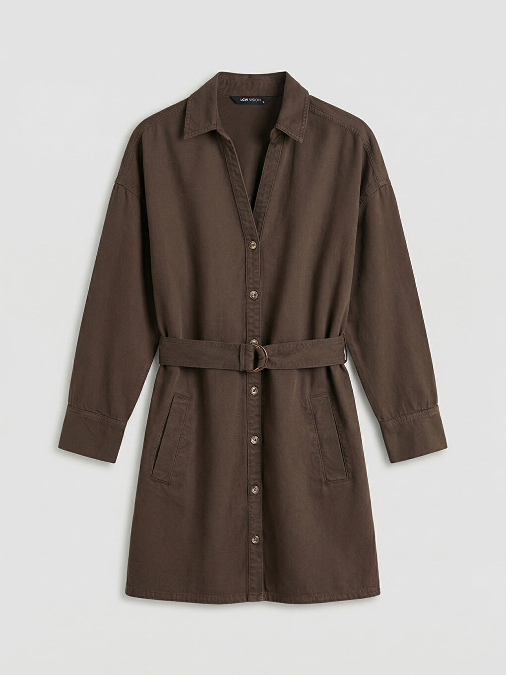 Kahverengi Gömlek Yaka Beli Kemerli Jean Elbise-4