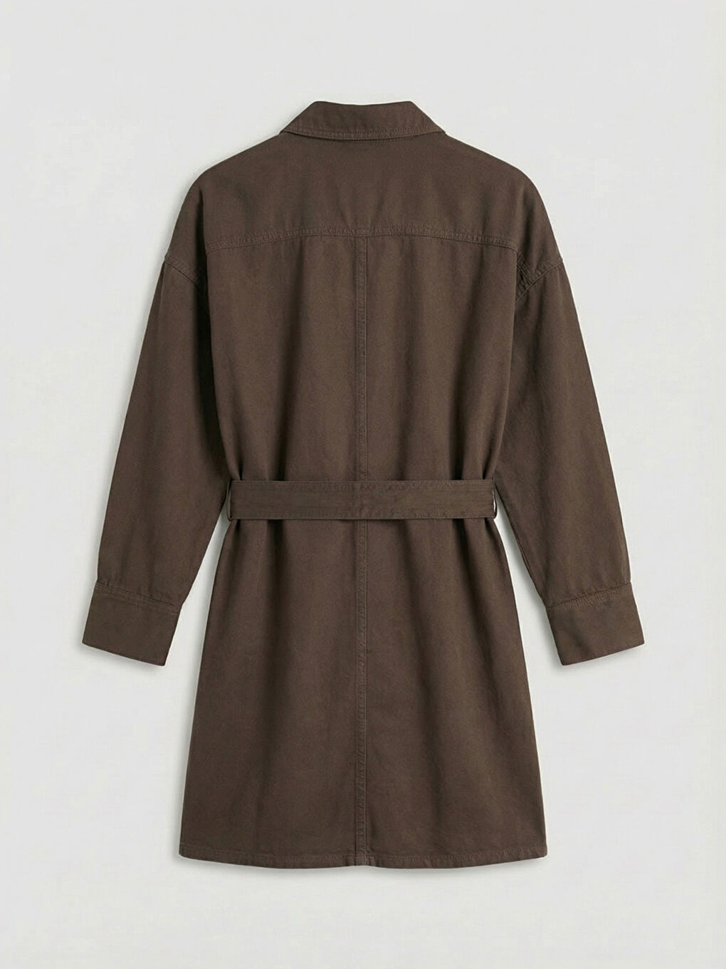 Kahverengi Gömlek Yaka Beli Kemerli Jean Elbise-5