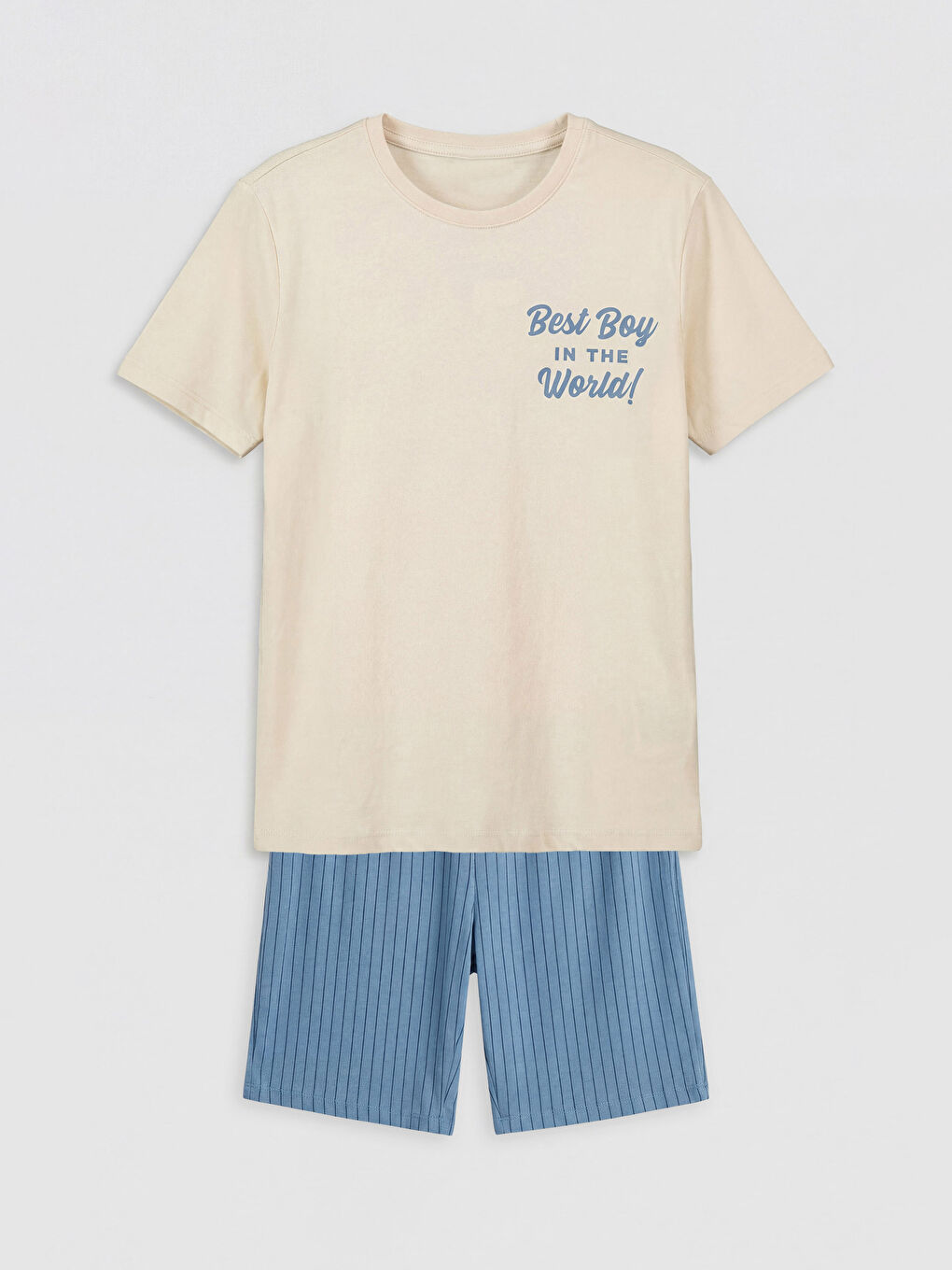 Bej Bisiklet Yaka Erkek Çocuk Şortlu Pijama Takımı-1