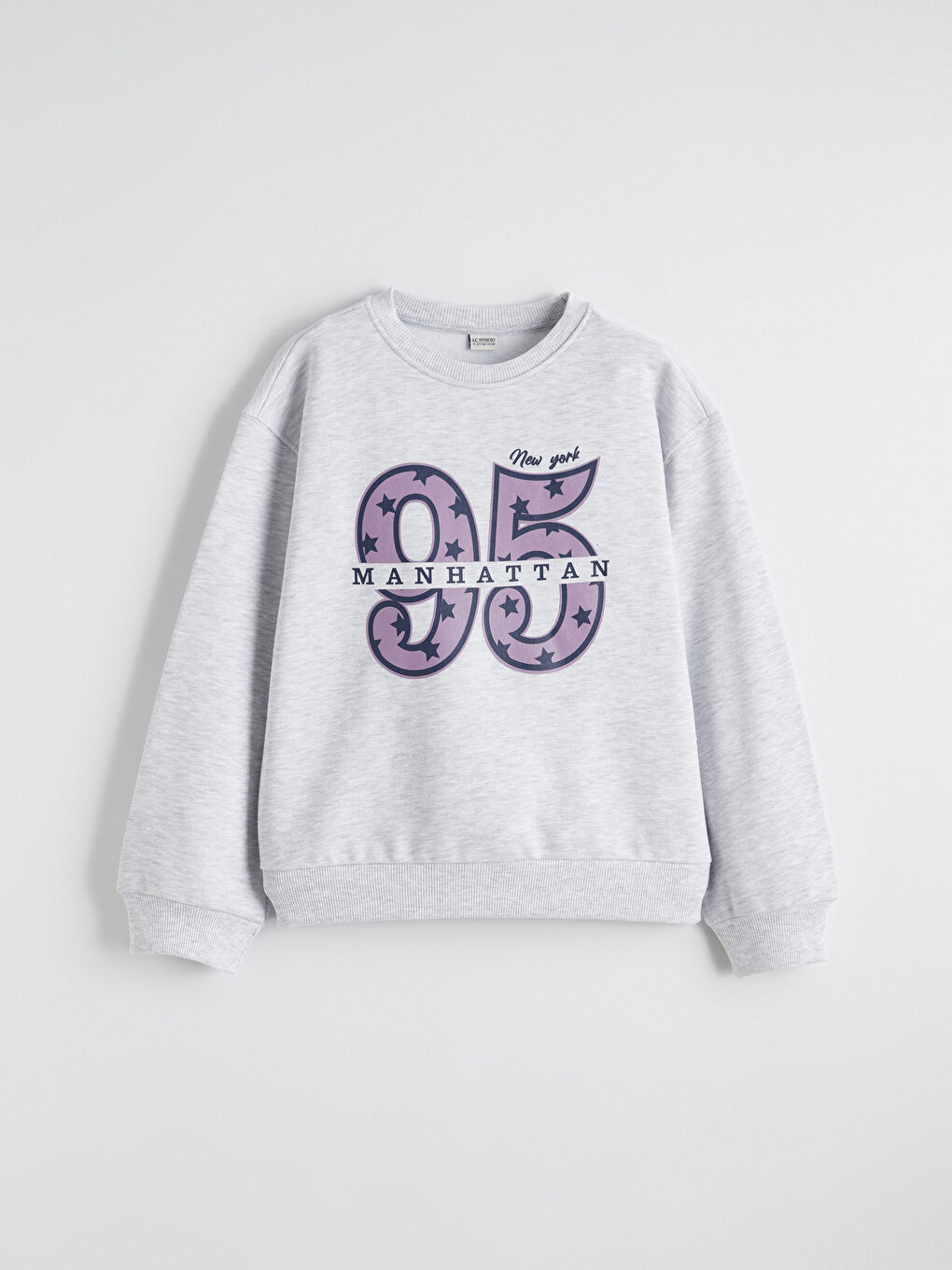 Gri Bisiklet Yaka New York Baskılı Kız Çocuk Kalın Sweatshirt