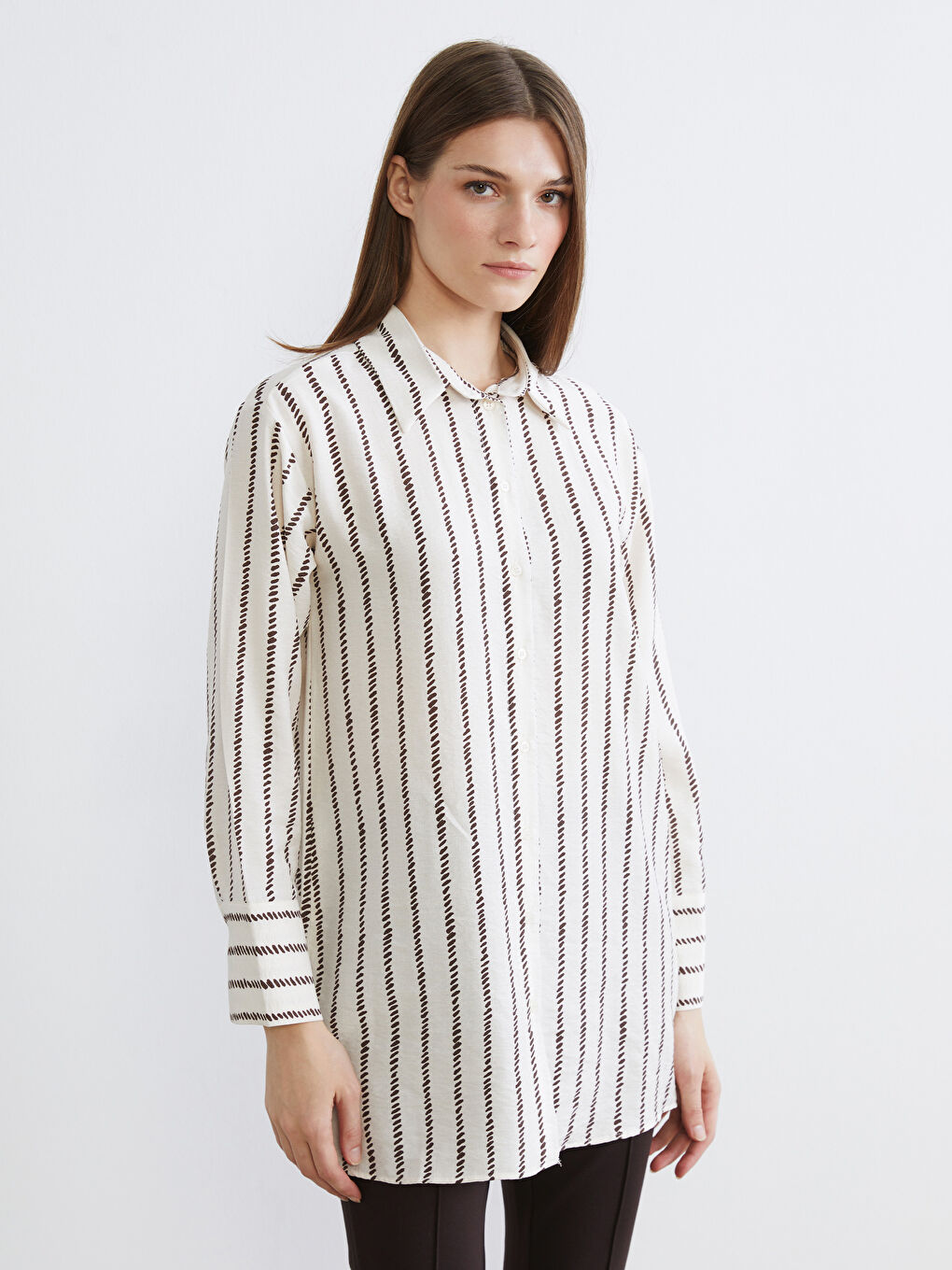 Kahverengi Desenli Kadın Gömlek Tunik