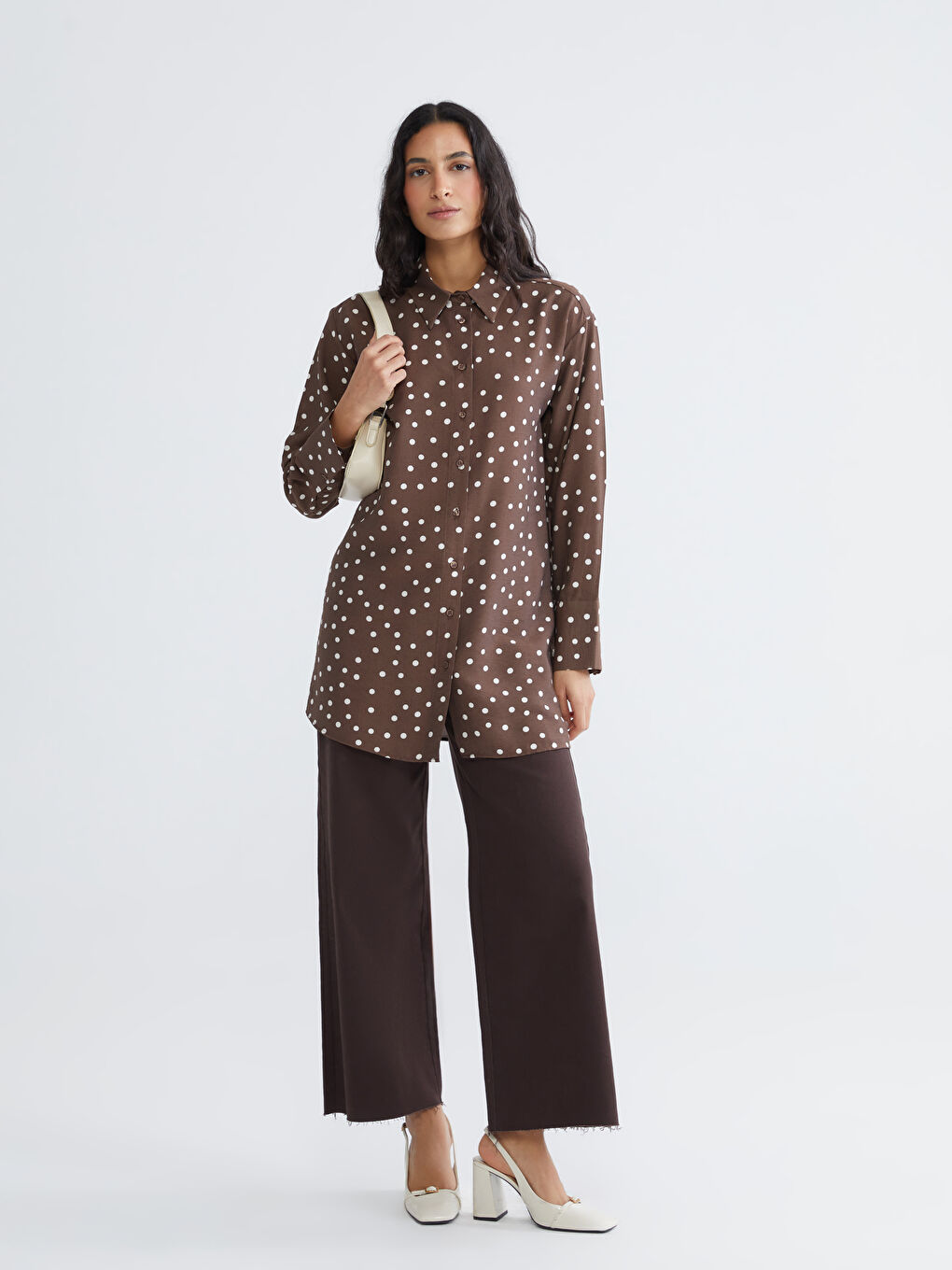 Kahverengi Puantiyeli Kadın Gömlek Tunik-1