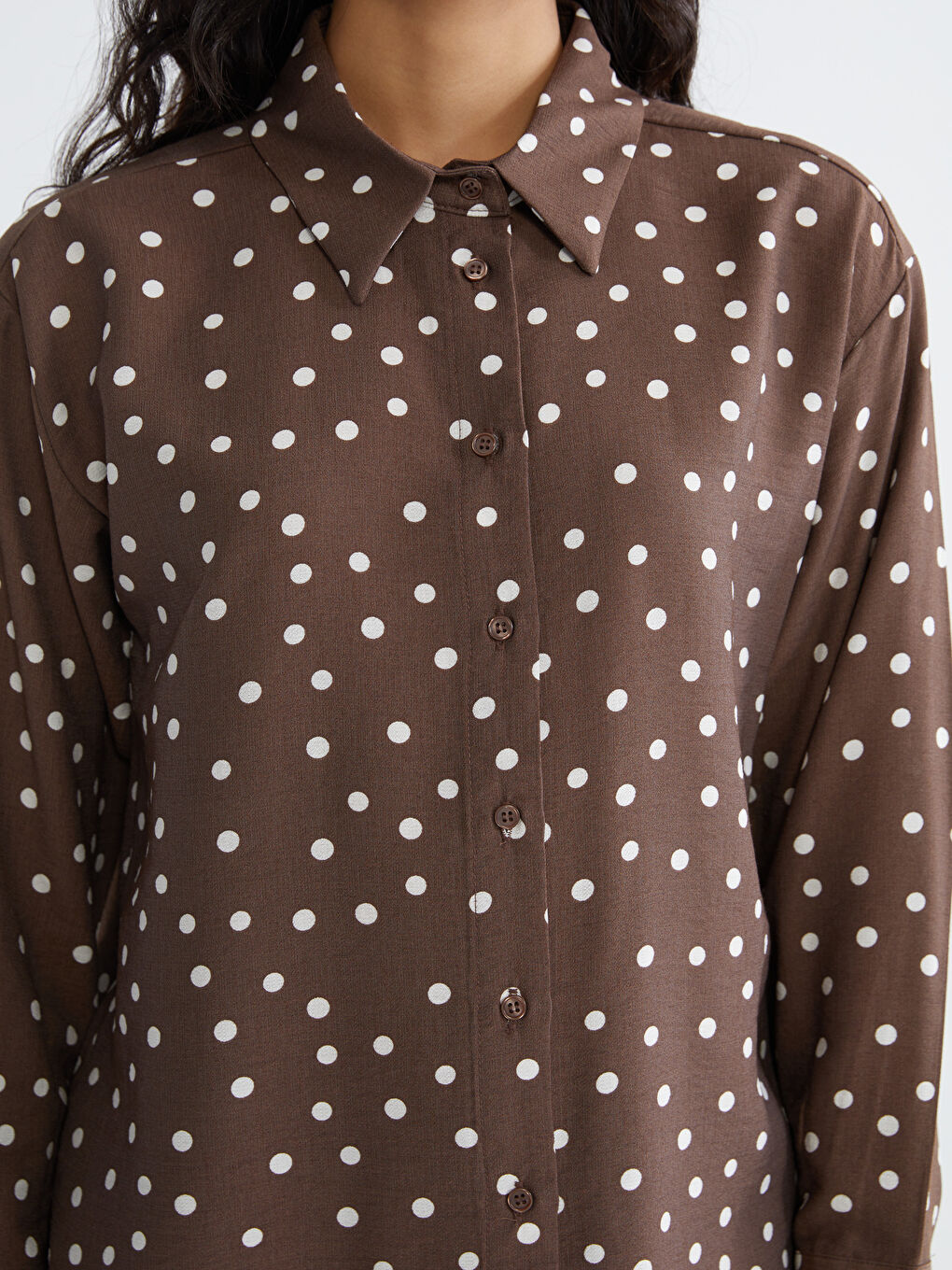 Kahverengi Puantiyeli Kadın Gömlek Tunik-2