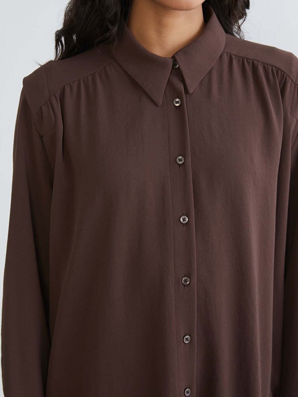 Kahverengi Büzgülü Oversize Kadın Gömlek Tunik-2