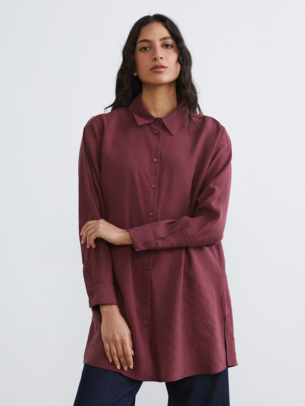 Bordo Oversize Modal Karışımlı Kadın Gömlek Tunik