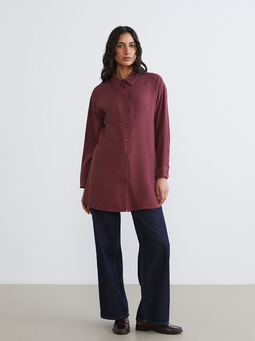 Bordo Oversize Modal Karışımlı Kadın Gömlek Tunik-1