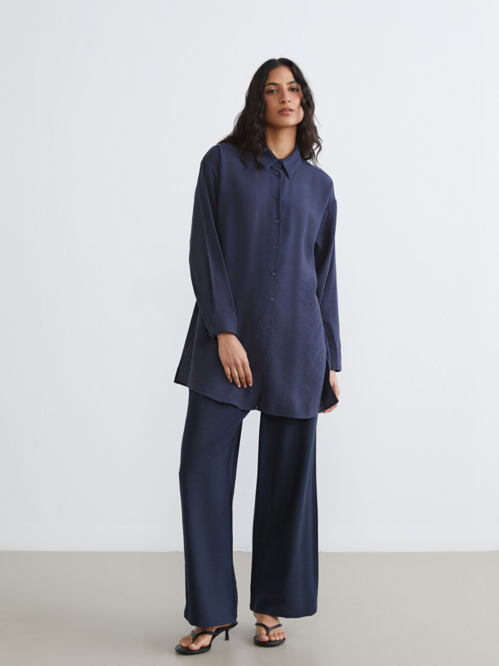 Lacivert Oversize Modal Karışımlı Kadın Gömlek Tunik-1