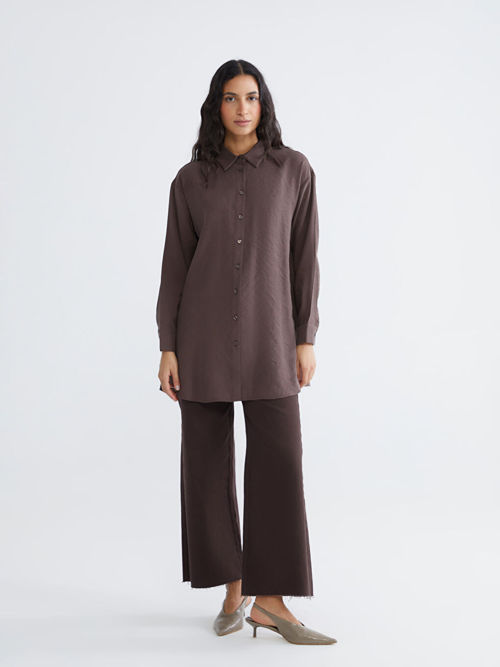 Kahverengi Oversize Modal Karışımlı Kadın Gömlek Tunik-1