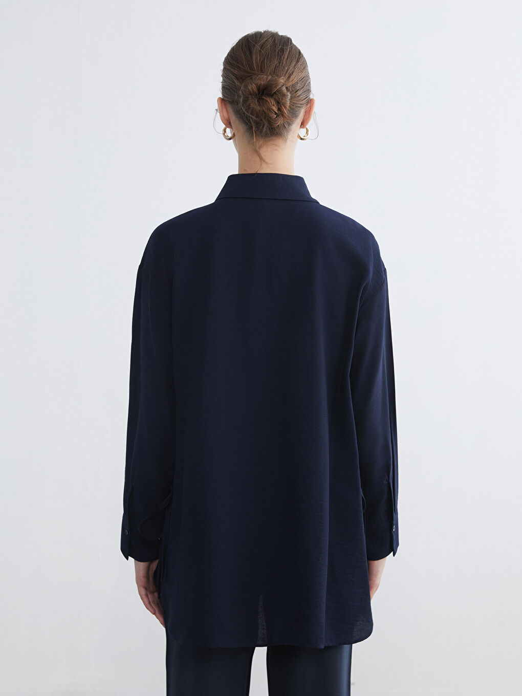 Lacivert Bağlama Detaylı Kadın Gömlek Tunik-3