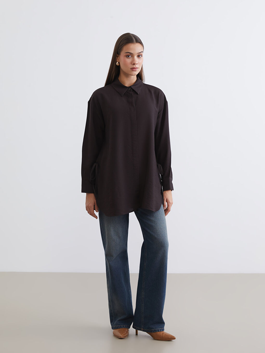 Kahverengi Bağlama Detaylı Kadın Gömlek Tunik-1