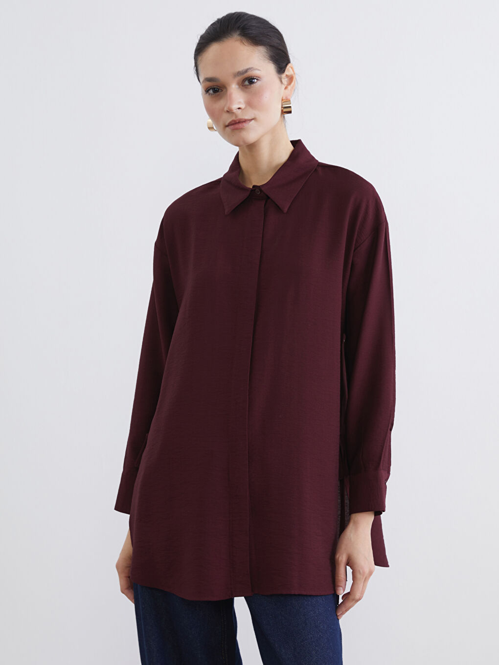 Bordo Bağlama Detaylı Kadın Gömlek Tunik