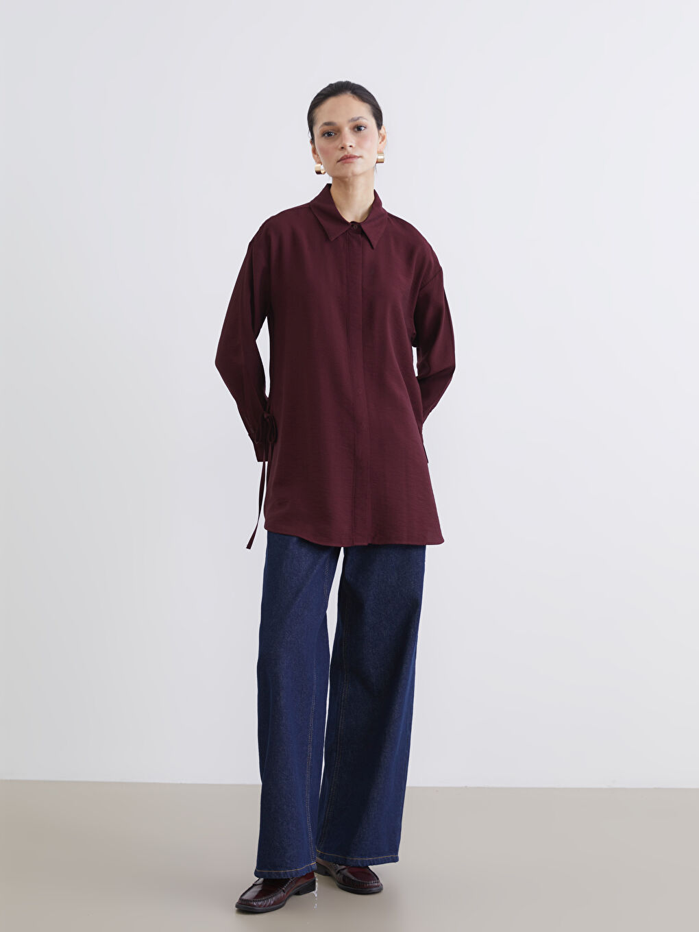 Bordo Bağlama Detaylı Kadın Gömlek Tunik-1