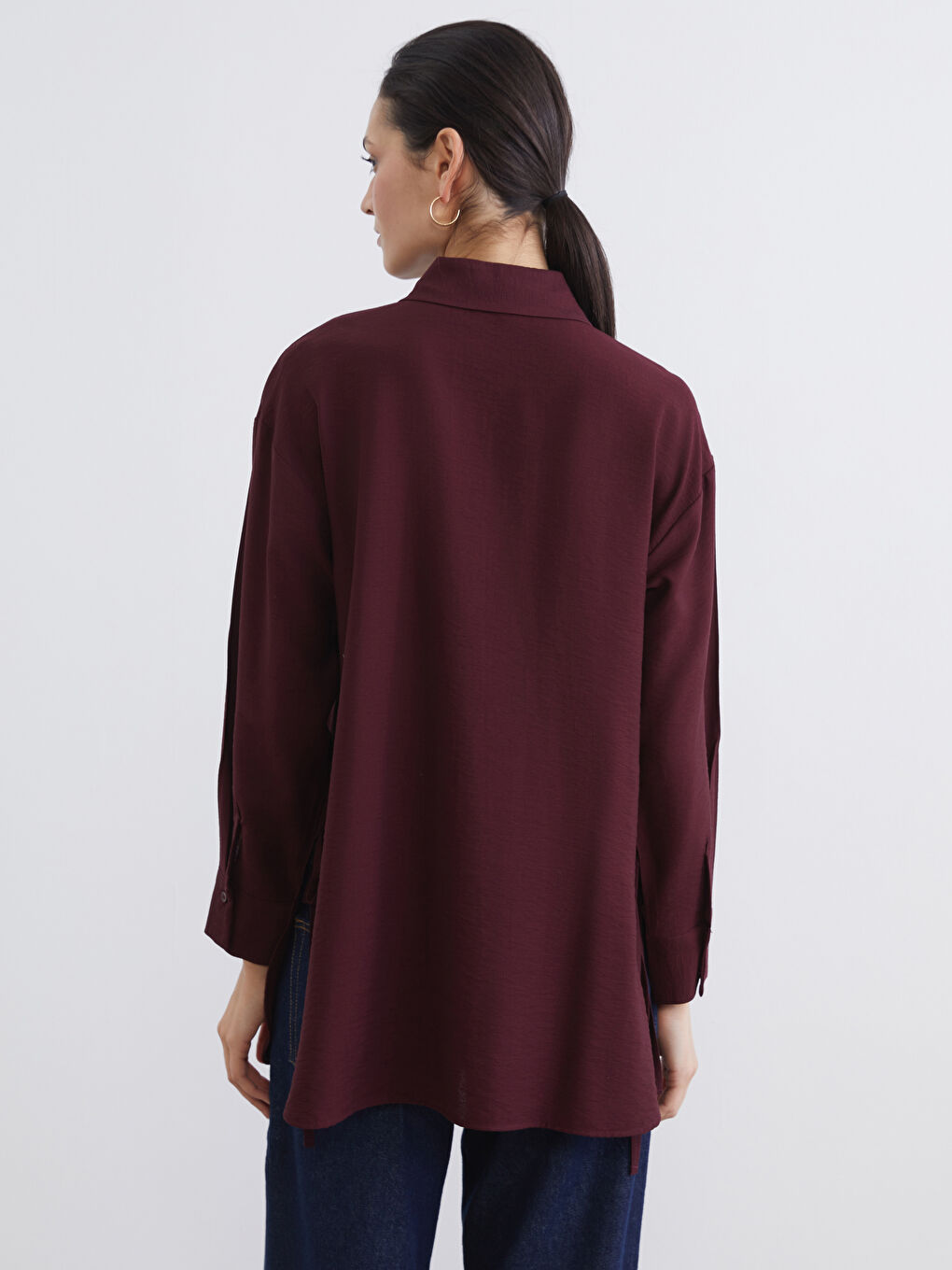 Bordo Bağlama Detaylı Kadın Gömlek Tunik-3