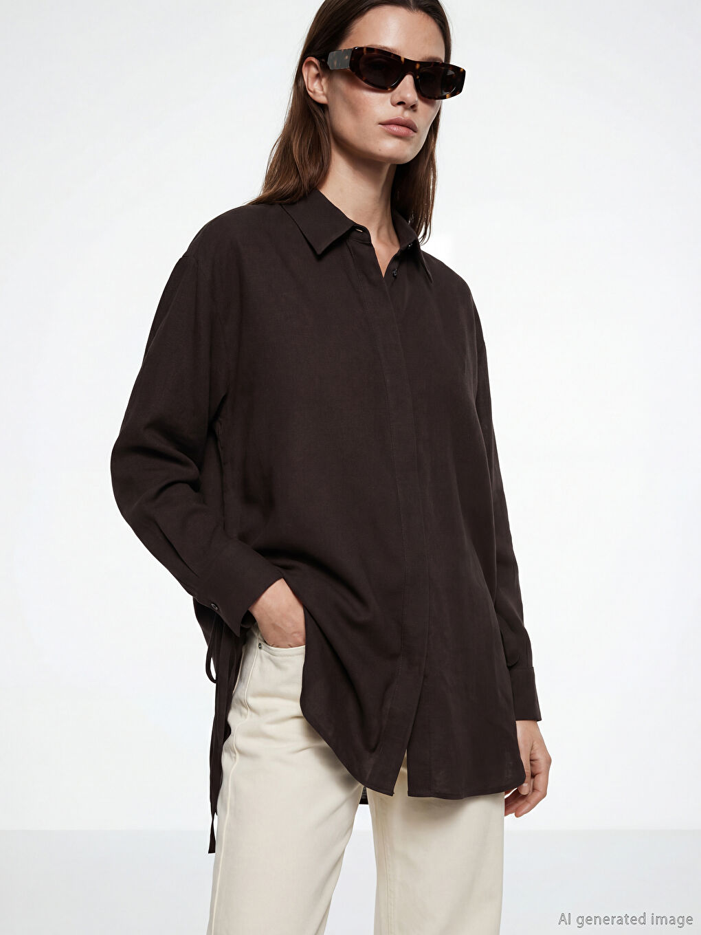 Kahverengi Bağlama Detaylı Kadın Gömlek Tunik-1