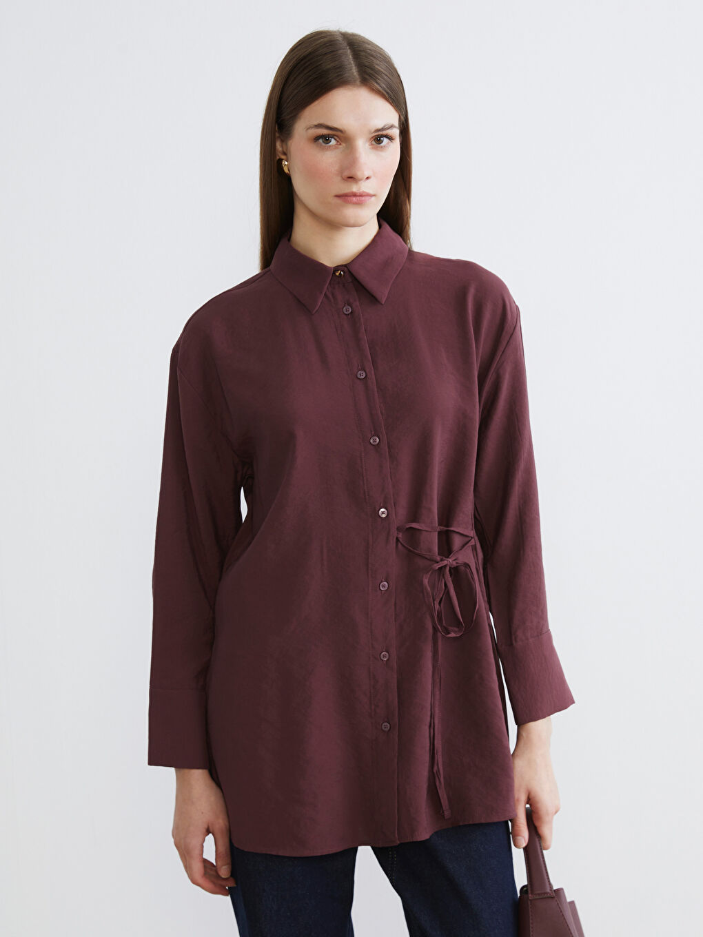 Bordo Bağlama Detaylı Kadın Gömlek Tunik	