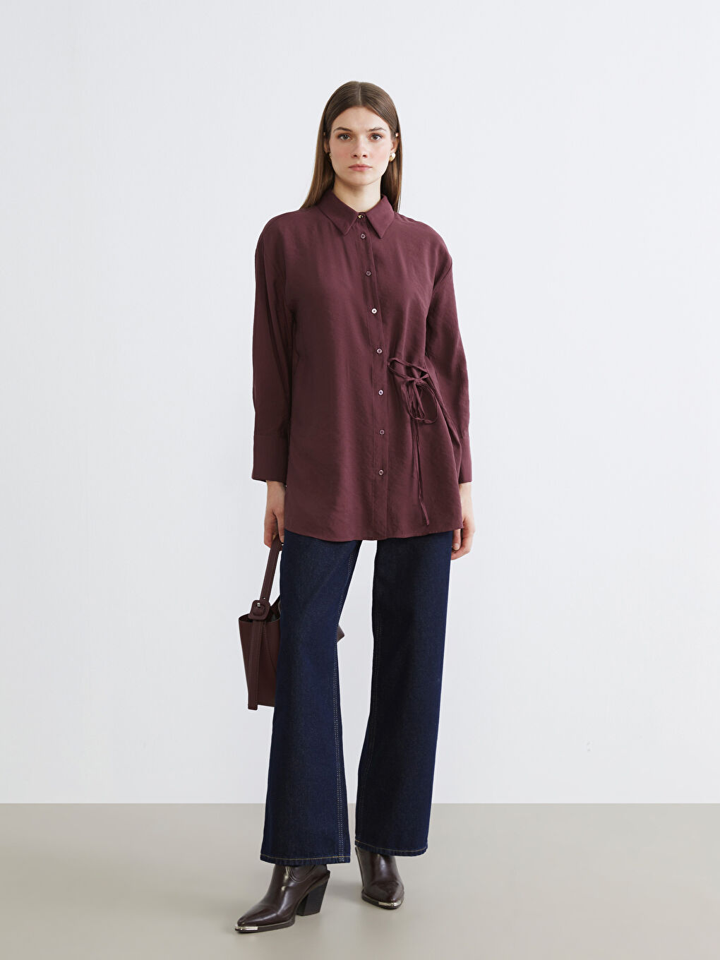 Bordo Bağlama Detaylı Kadın Gömlek Tunik	-1