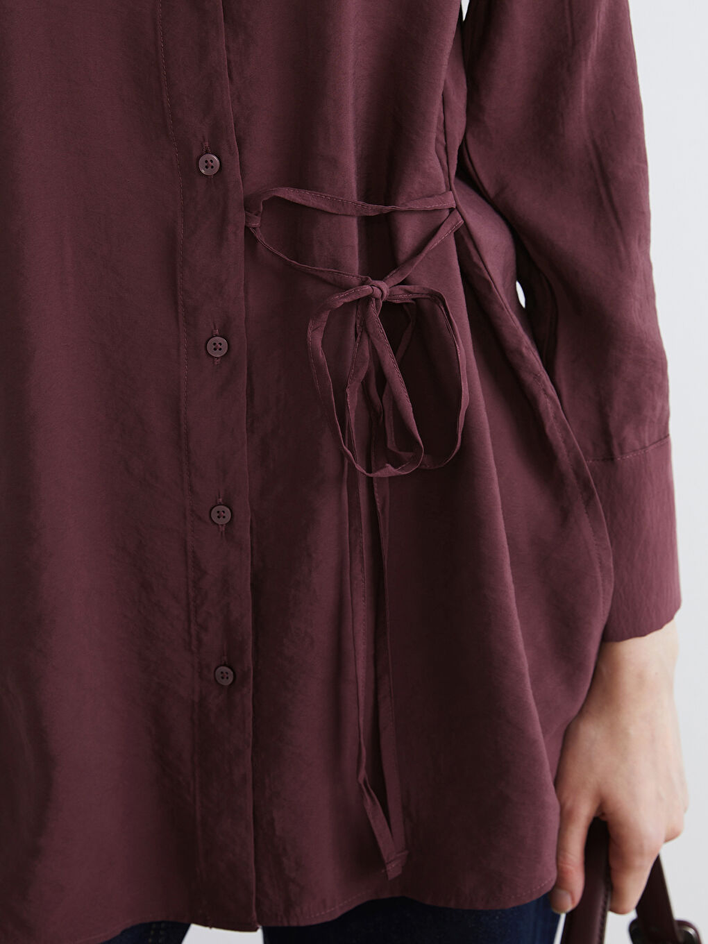 Bordo Bağlama Detaylı Kadın Gömlek Tunik	-2