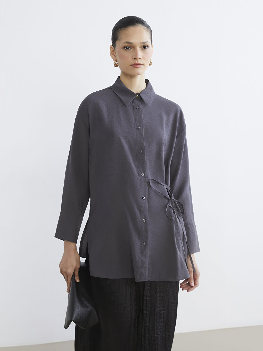 Gri Bağlama Detaylı Kadın Gömlek Tunik	