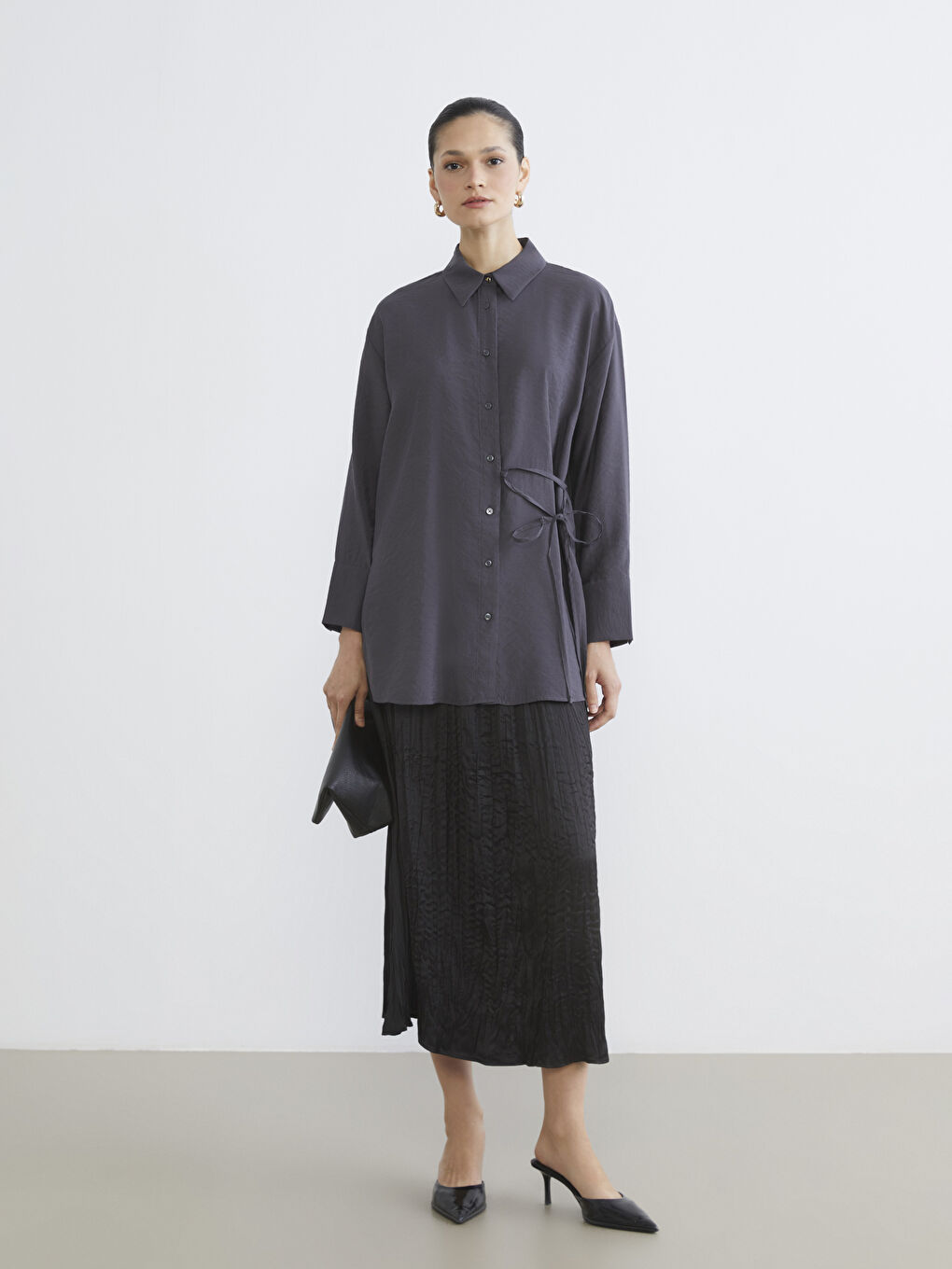 Gri Bağlama Detaylı Kadın Gömlek Tunik	-1