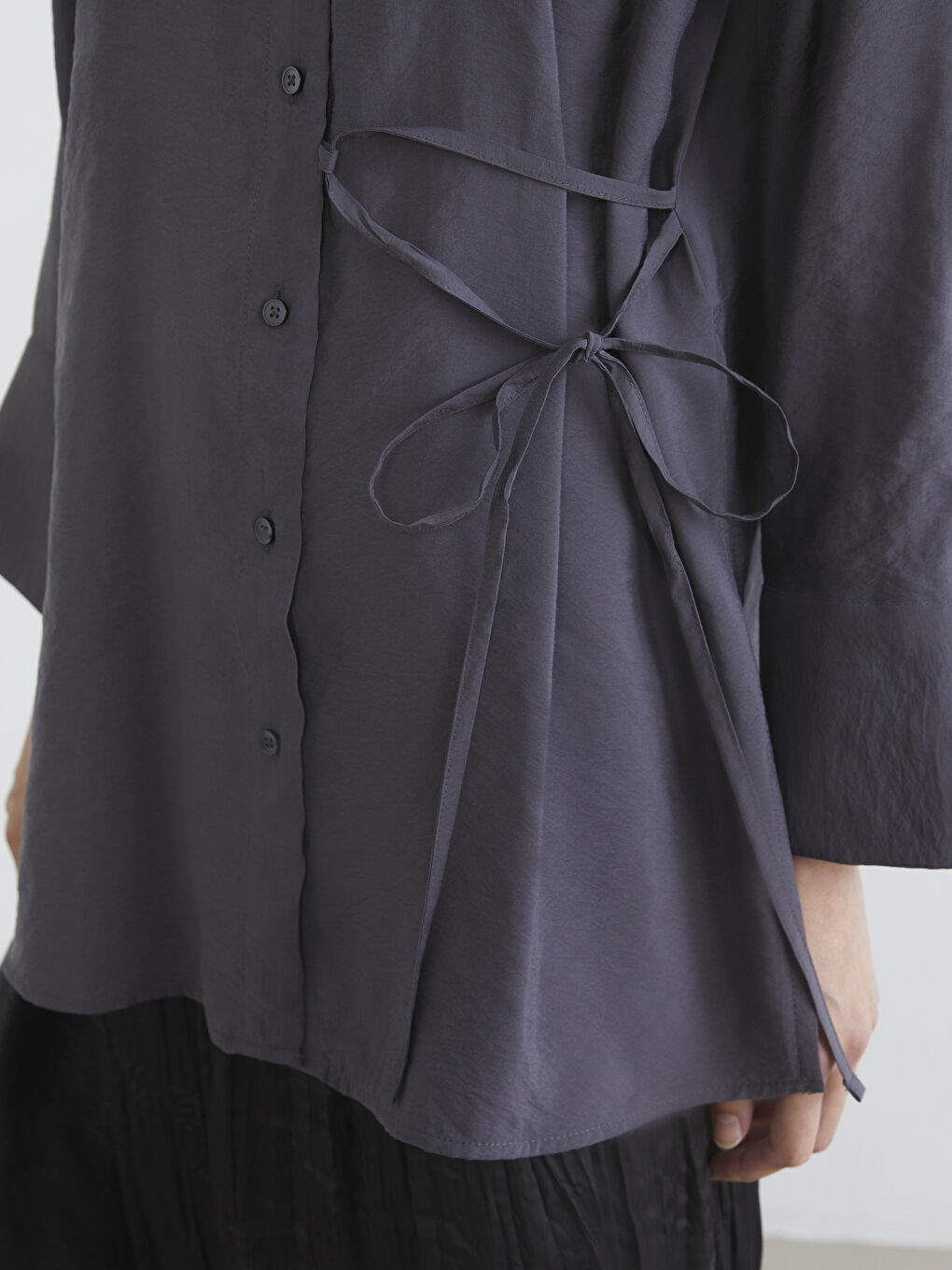 Gri Bağlama Detaylı Kadın Gömlek Tunik	-2