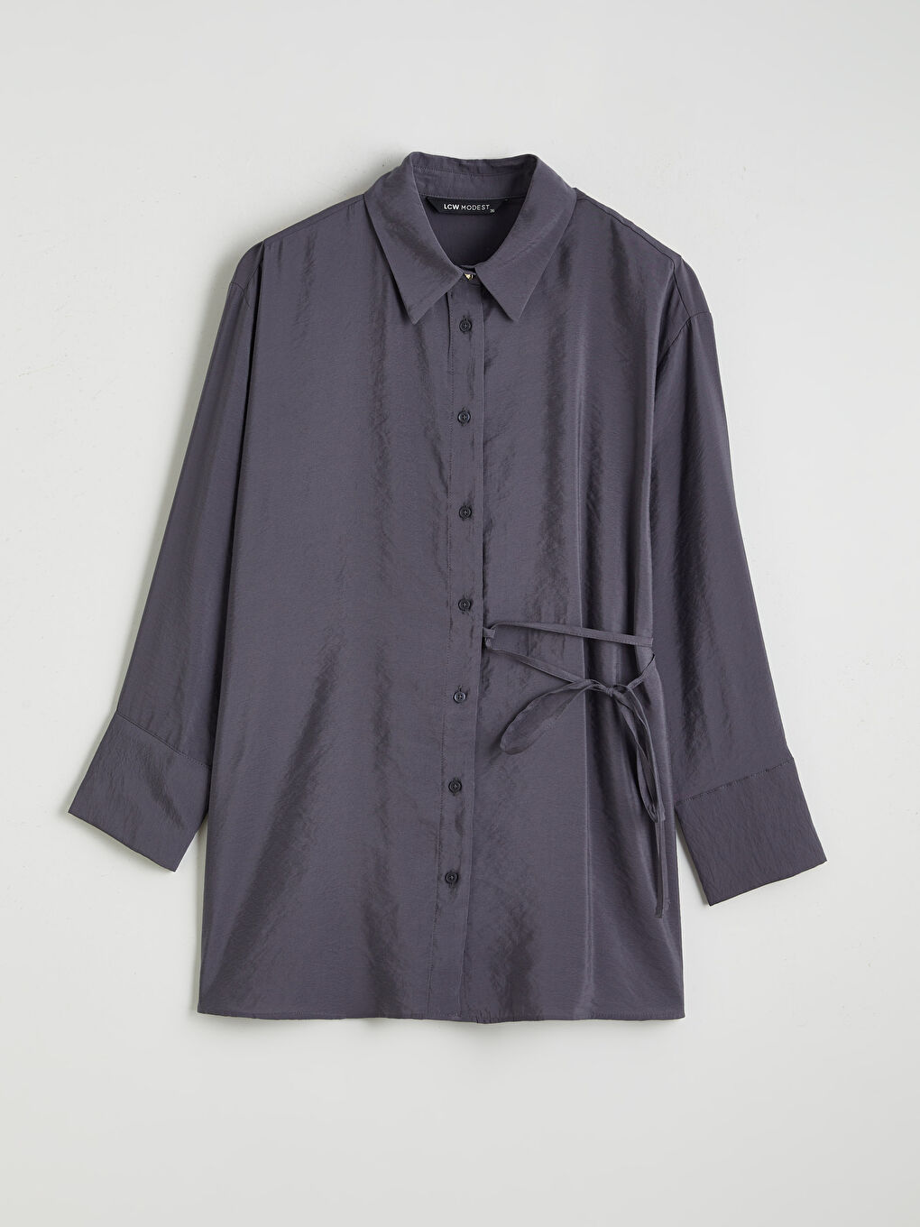 Gri Bağlama Detaylı Kadın Gömlek Tunik	-4