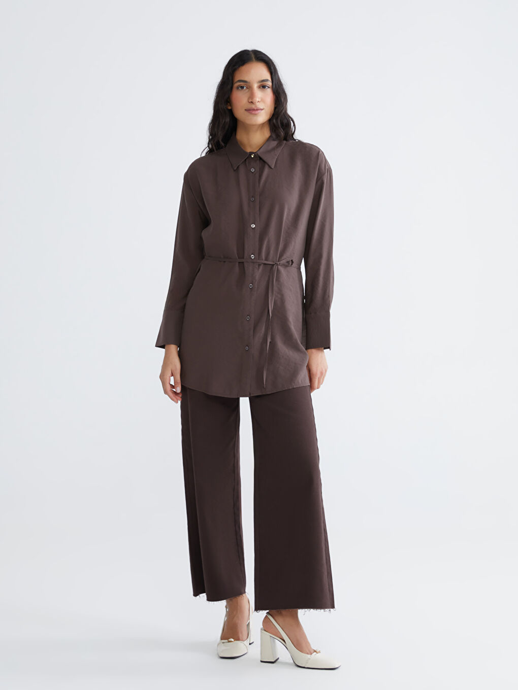 Kahverengi Bağlama Detaylı Kadın Gömlek Tunik	-1