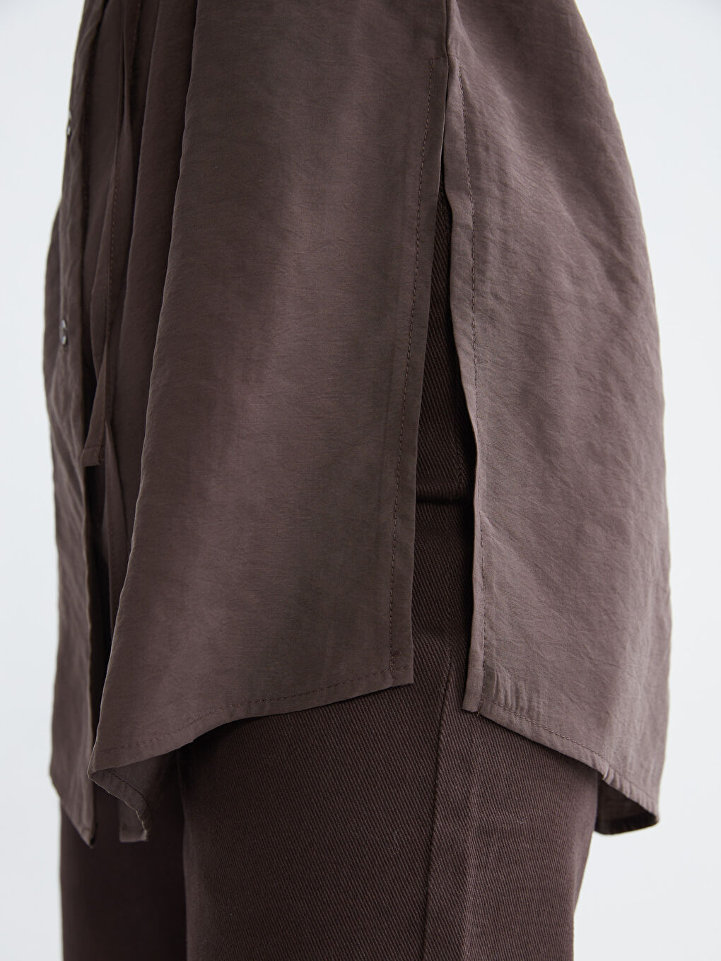 Kahverengi Bağlama Detaylı Kadın Gömlek Tunik	-2