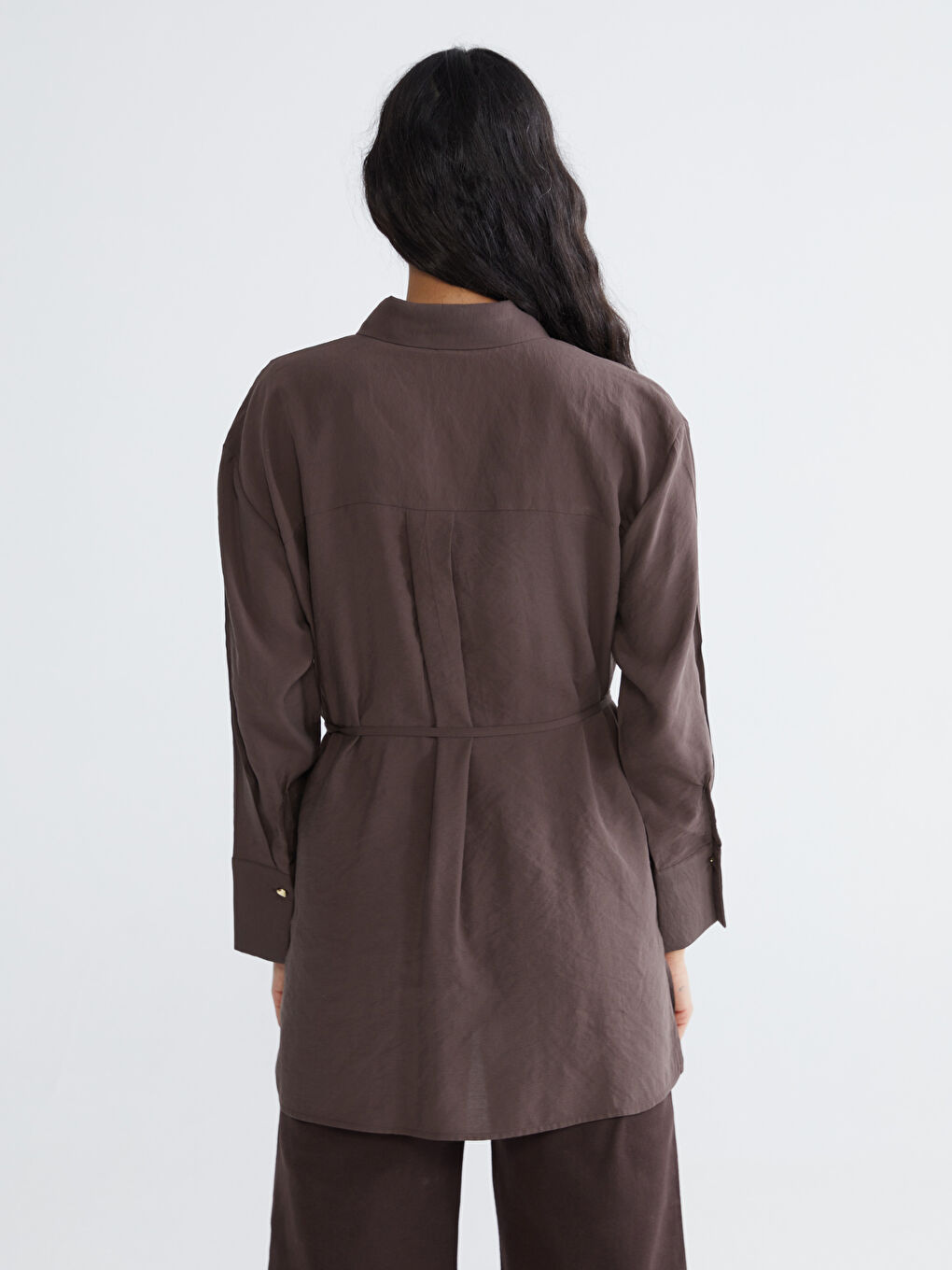 Kahverengi Bağlama Detaylı Kadın Gömlek Tunik	-3
