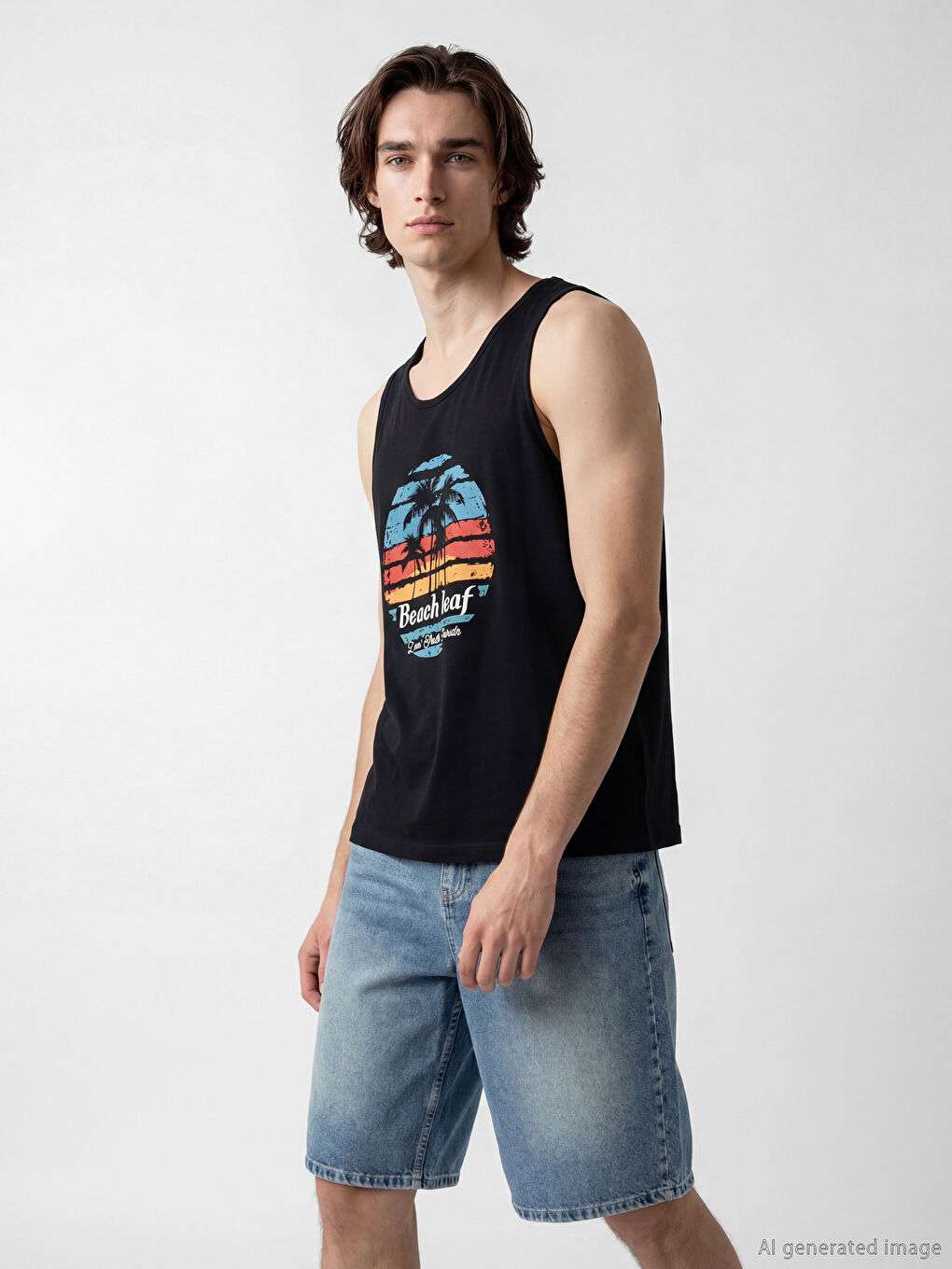 Siyah Bisiklet Yaka Baskılı Erkek Kolsuz Tişört