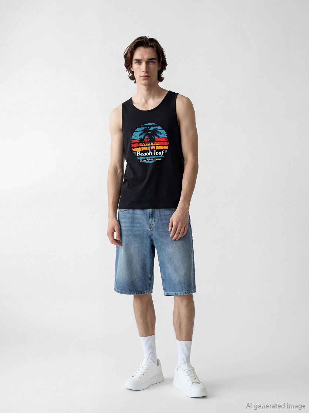 Siyah Bisiklet Yaka Baskılı Erkek Kolsuz Tişört-1