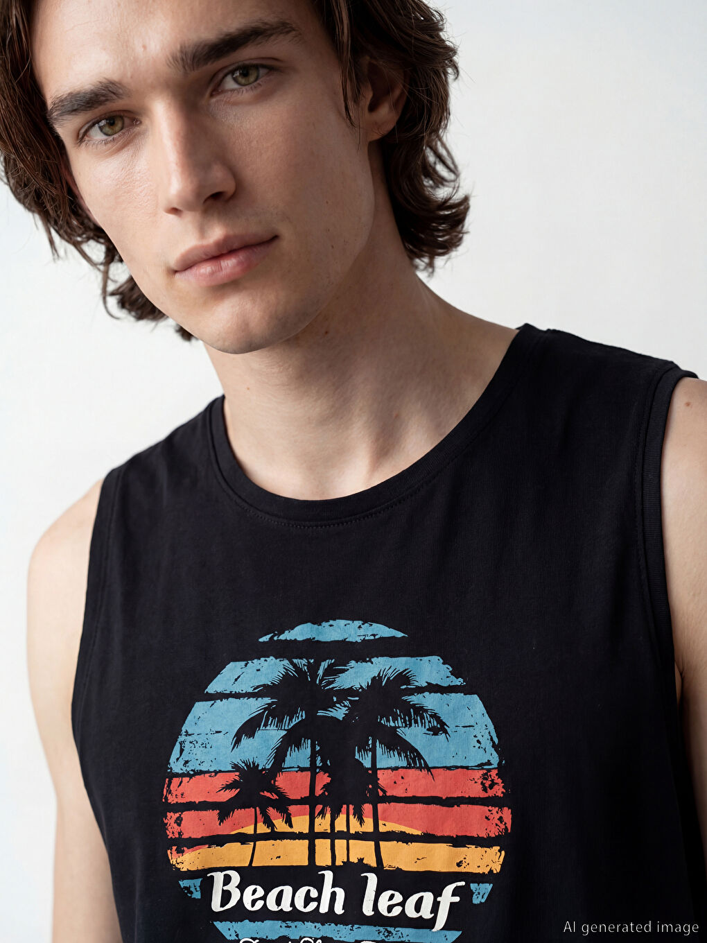 Siyah Bisiklet Yaka Baskılı Erkek Kolsuz Tişört-2