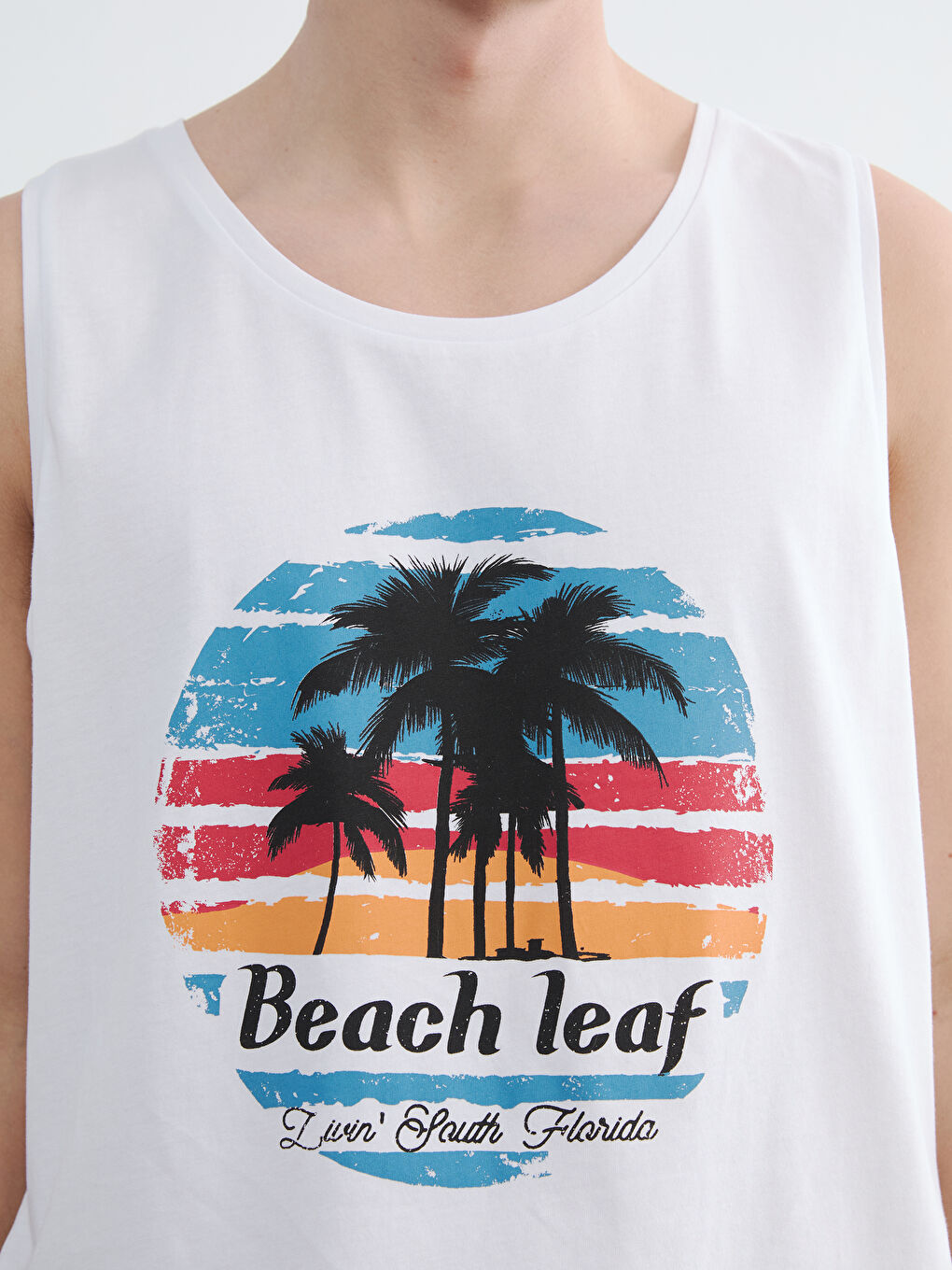 Beyaz Bisiklet Yaka Baskılı Erkek Kolsuz Tişört-2