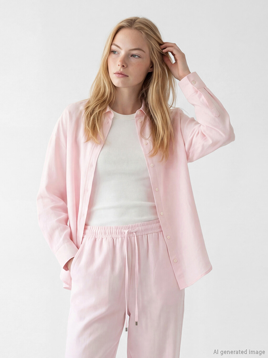 Pembe Oversize Keten Karışımlı Kadın Gömlek