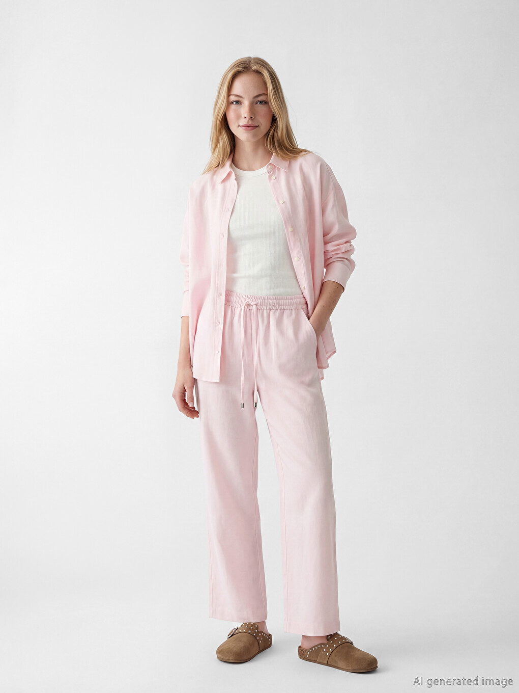 Pembe Oversize Keten Karışımlı Kadın Gömlek-1