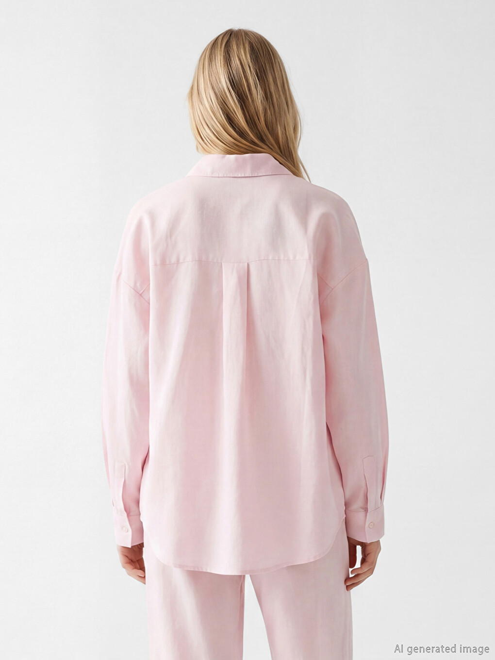 Pembe Oversize Keten Karışımlı Kadın Gömlek-3