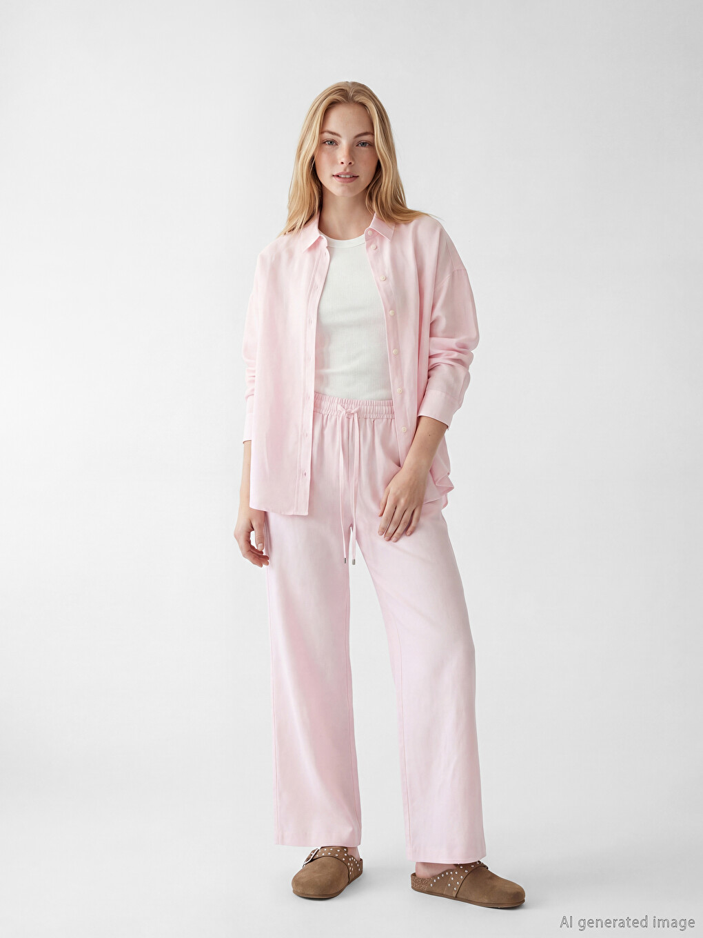 Pembe Beli Lastikli Keten Karışımlı Kadın Pantolon