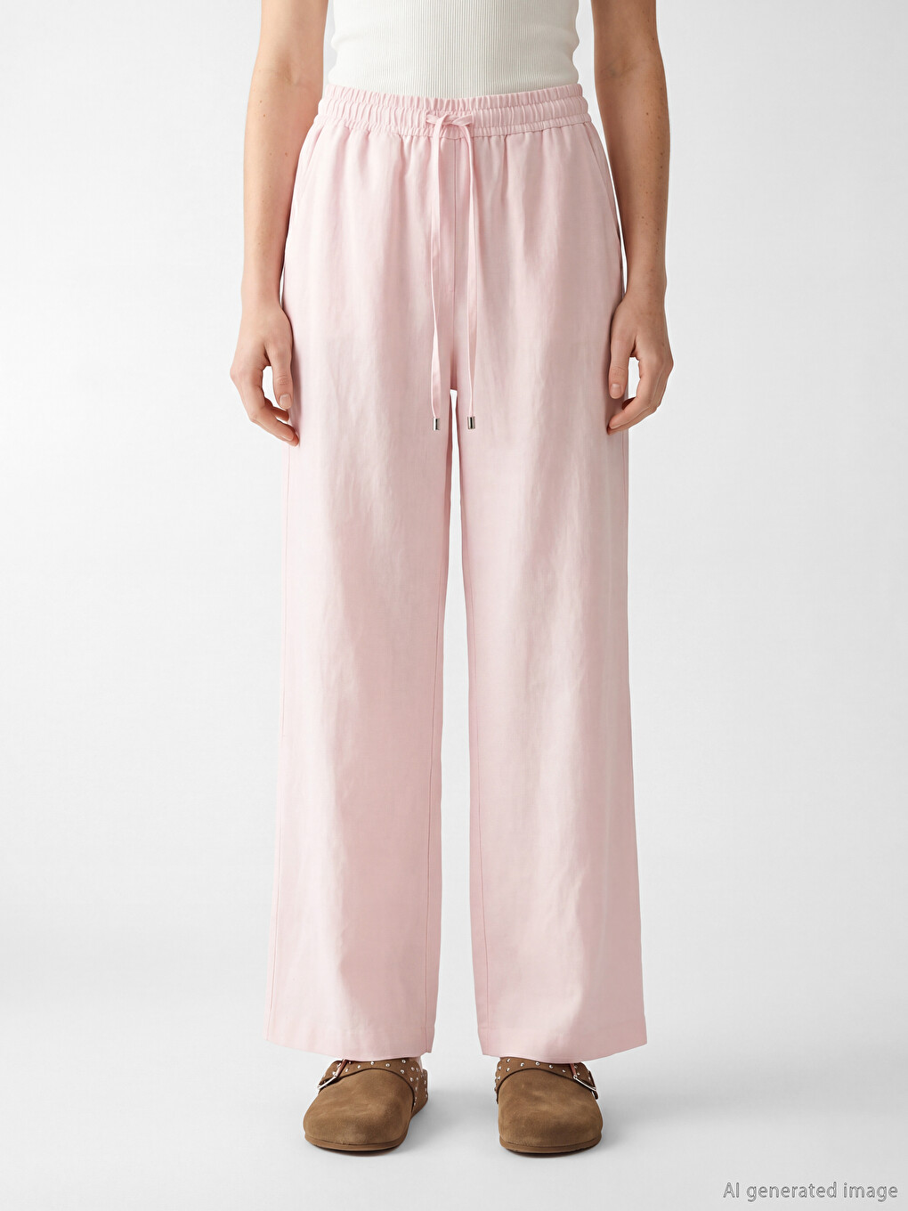 Pembe Beli Lastikli Keten Karışımlı Kadın Pantolon-1