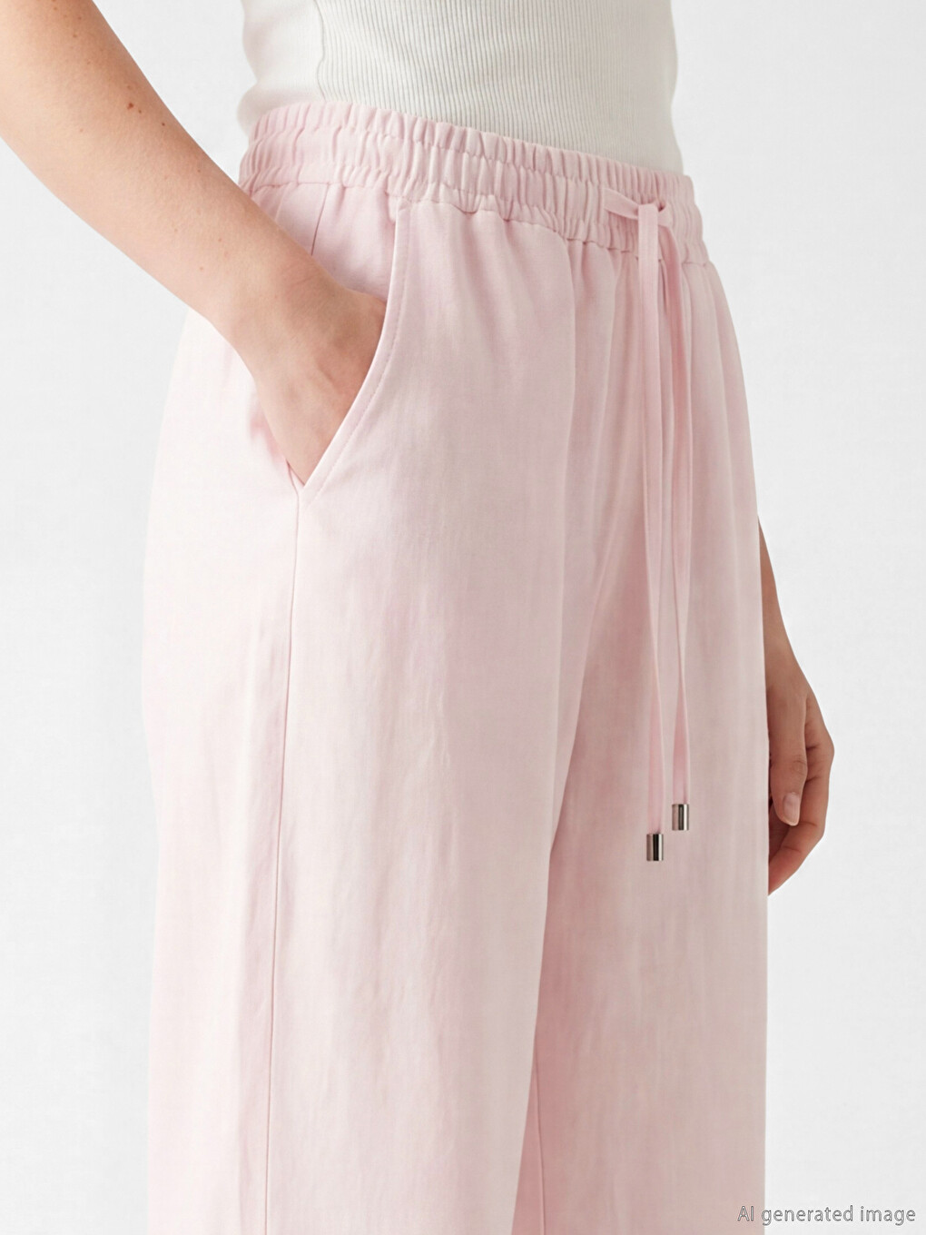 Pembe Beli Lastikli Keten Karışımlı Kadın Pantolon-2