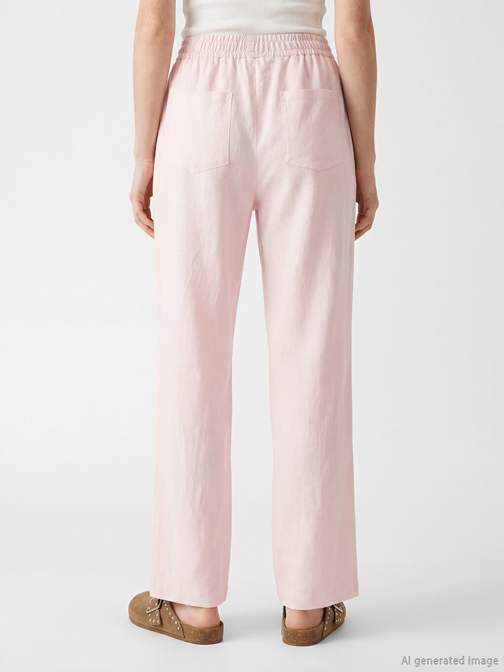 Pembe Beli Lastikli Keten Karışımlı Kadın Pantolon-3