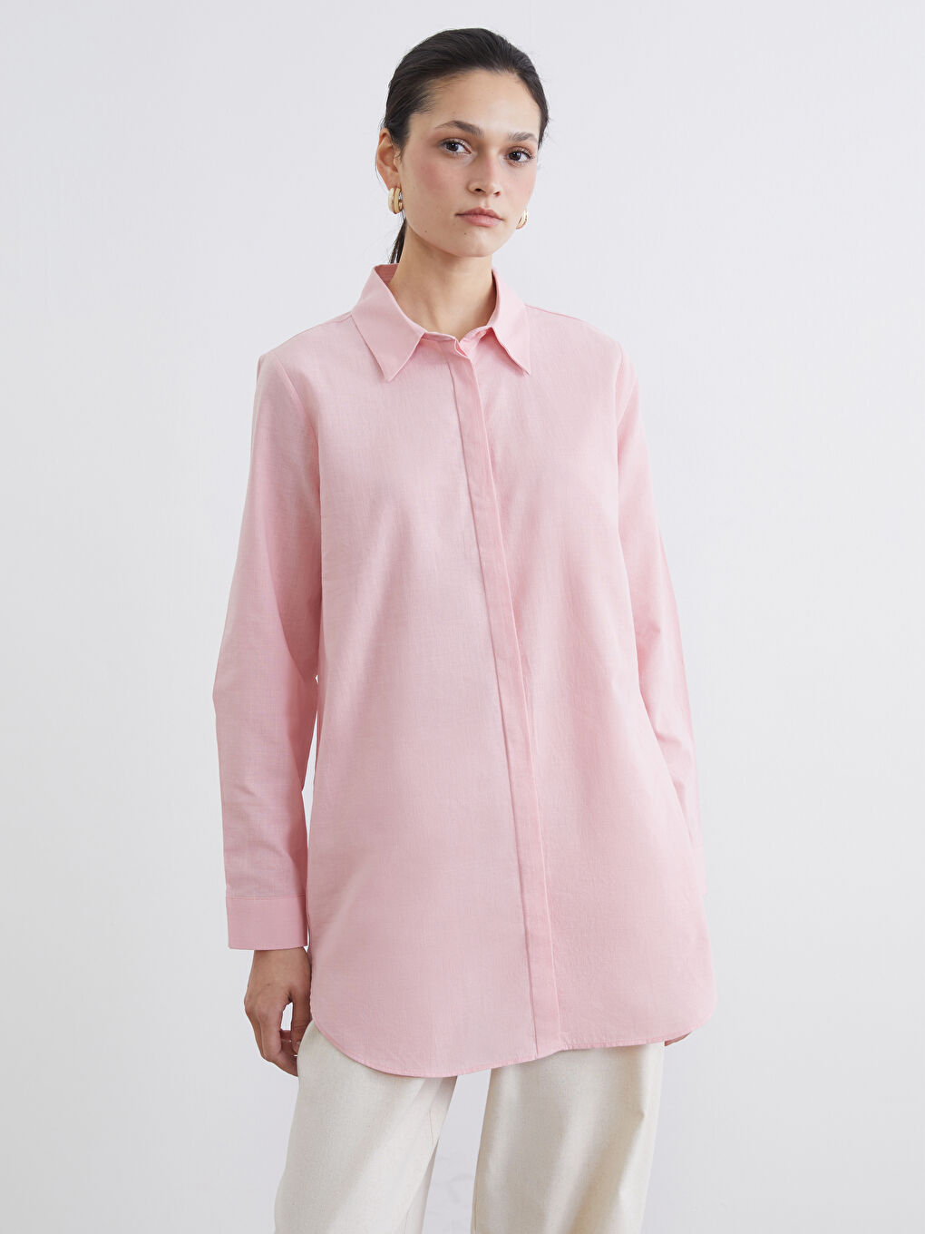 Pembe Dokulu Kadın Gömlek Tunik