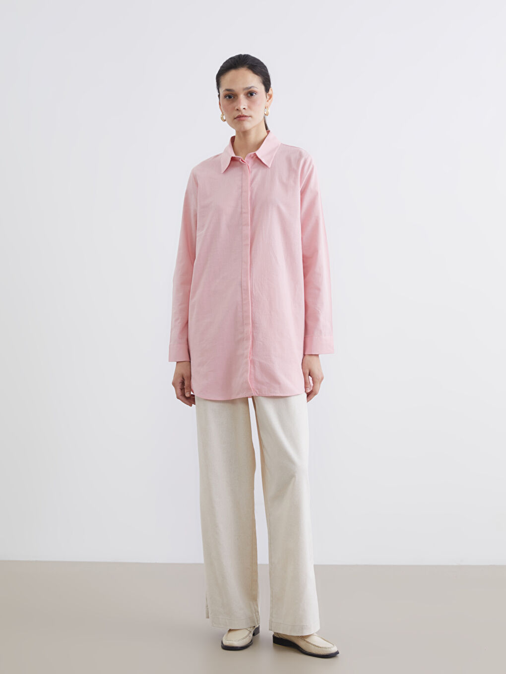 Pembe Dokulu Kadın Gömlek Tunik-1