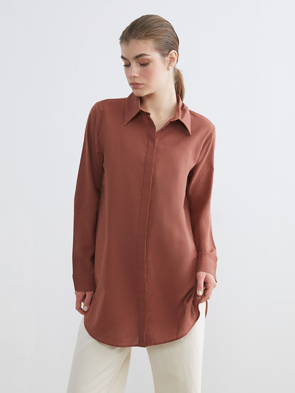 Kahverengi Dokulu Kadın Gömlek Tunik