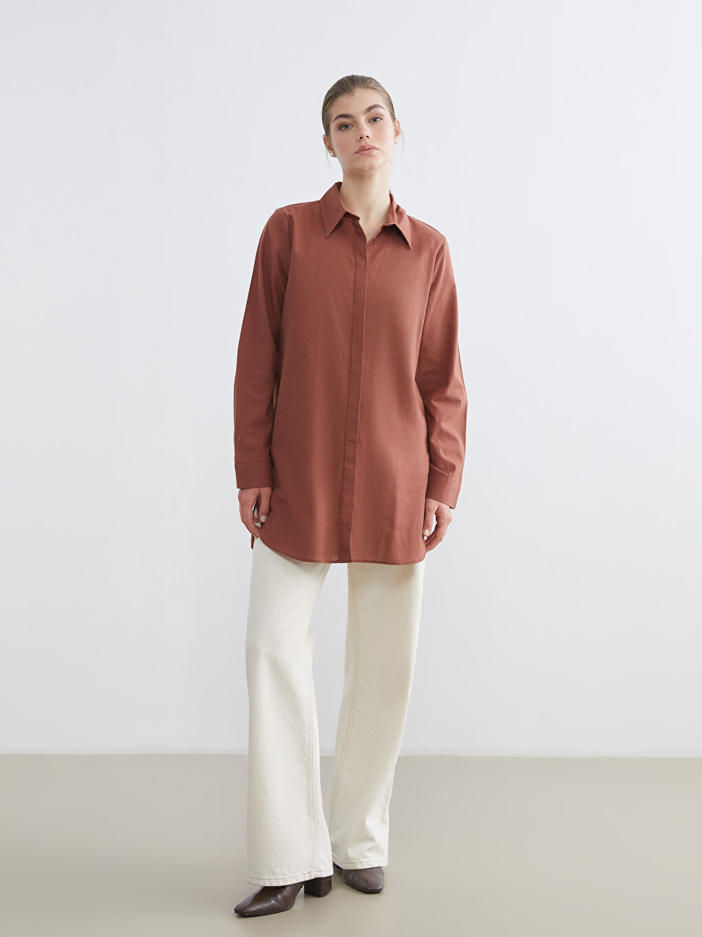 Kahverengi Dokulu Kadın Gömlek Tunik-1
