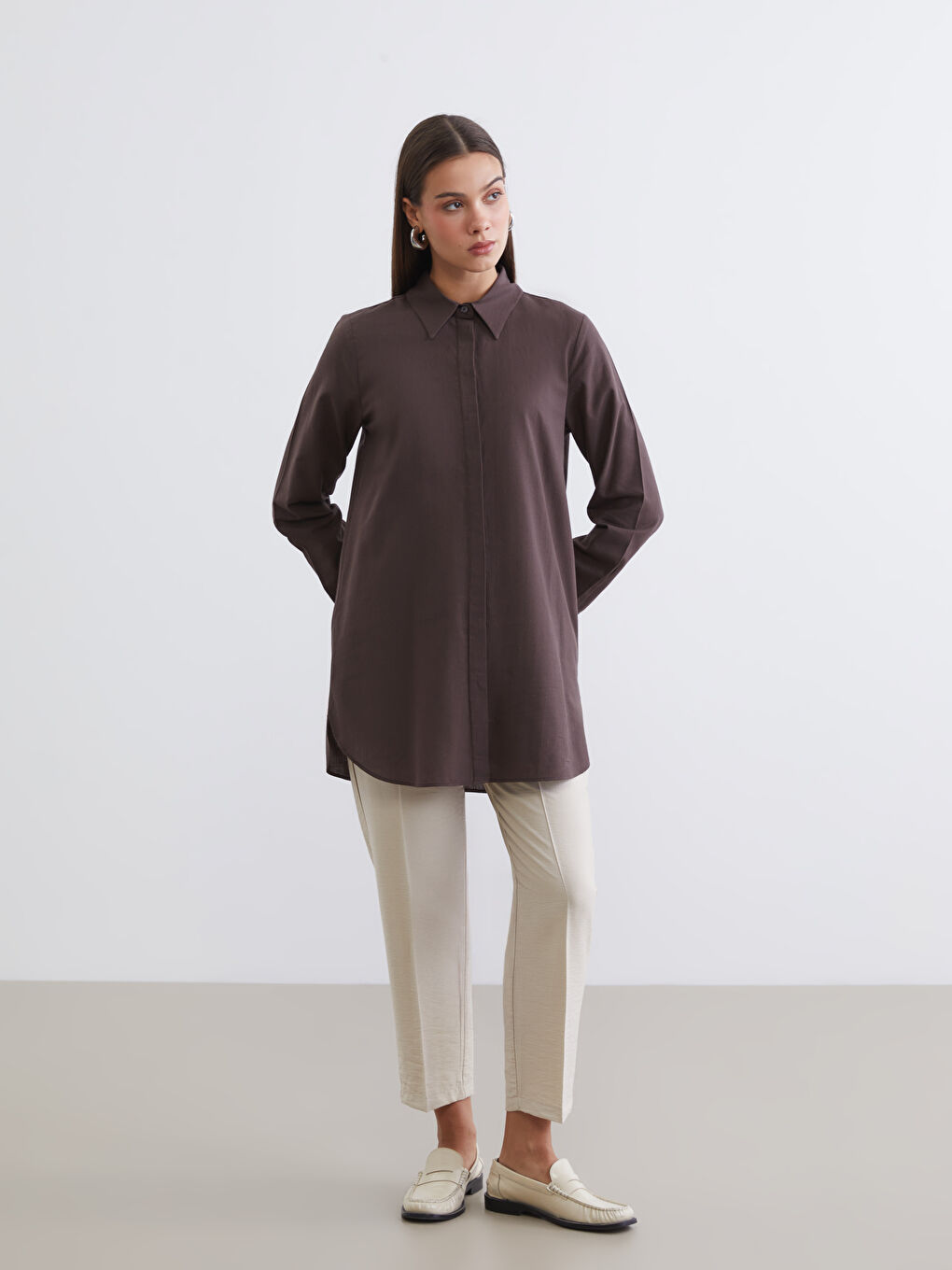 Kahverengi Dokulu Kadın Gömlek Tunik-1