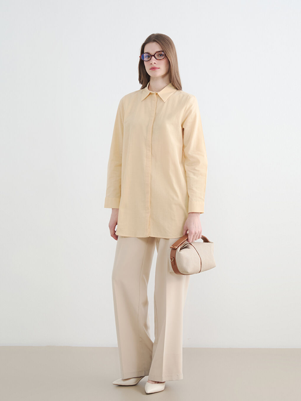 Sarı Dokulu Kadın Gömlek Tunik	-1