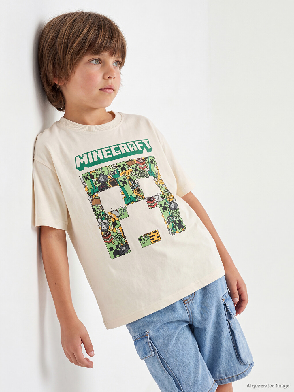 Crew Neck Minecraft Printed Boys' T-Shirt-1