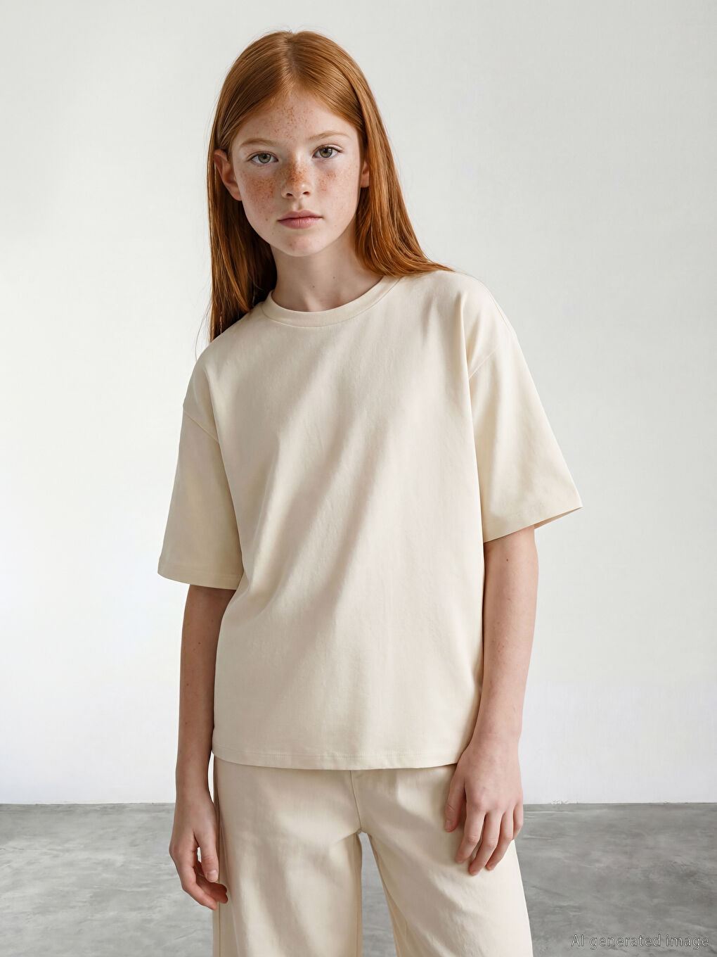 Bej Bisiklet Yaka Kız Çocuk Soft Touch Tişört